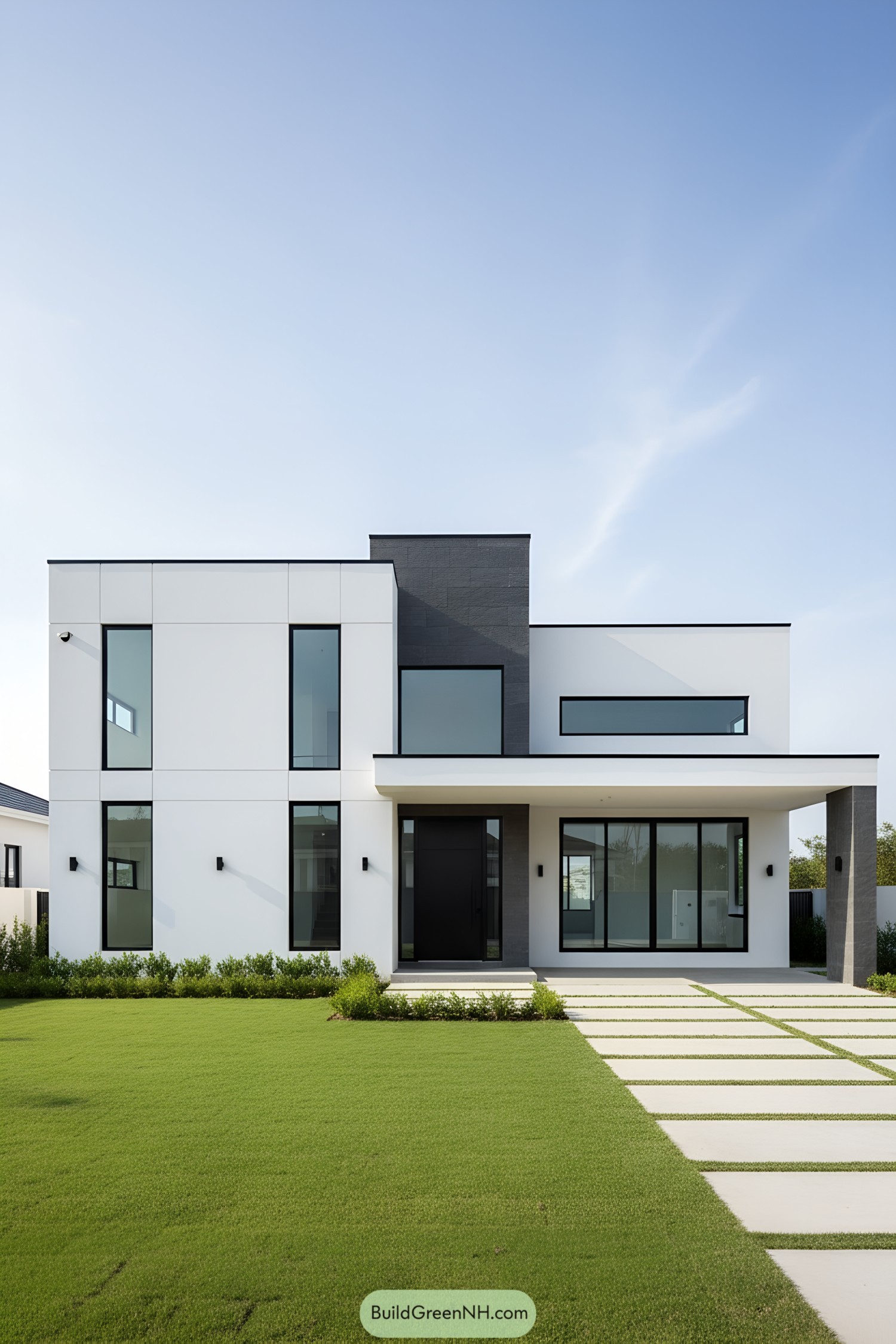 Sleek modern house with large windows and a lush lawn