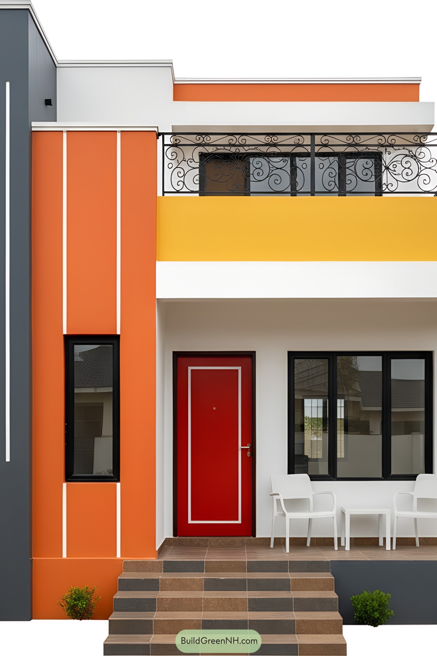 Colorful modern single-floor house with balcony and red door