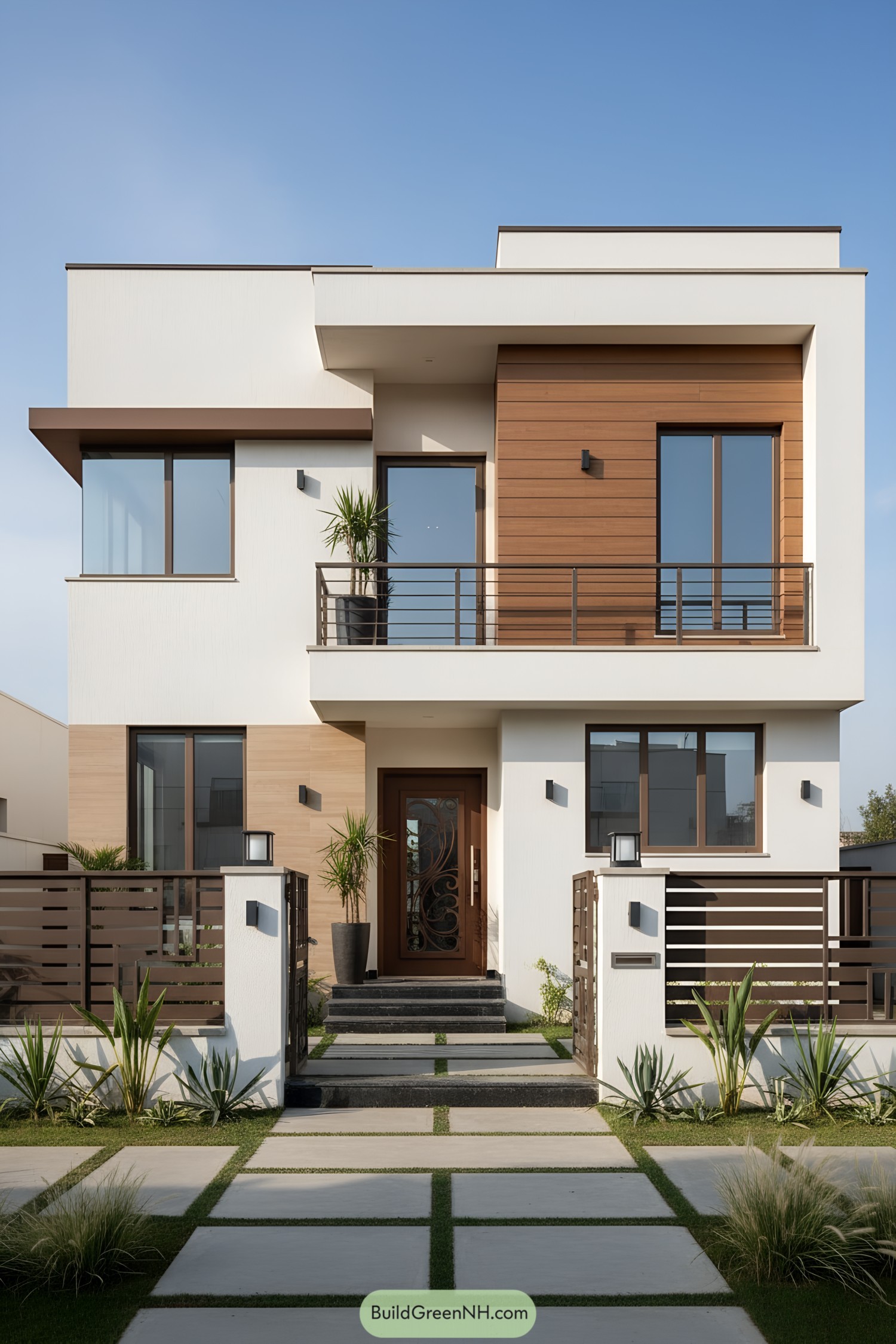 Modern single-floor house with wooden accents and lush greenery