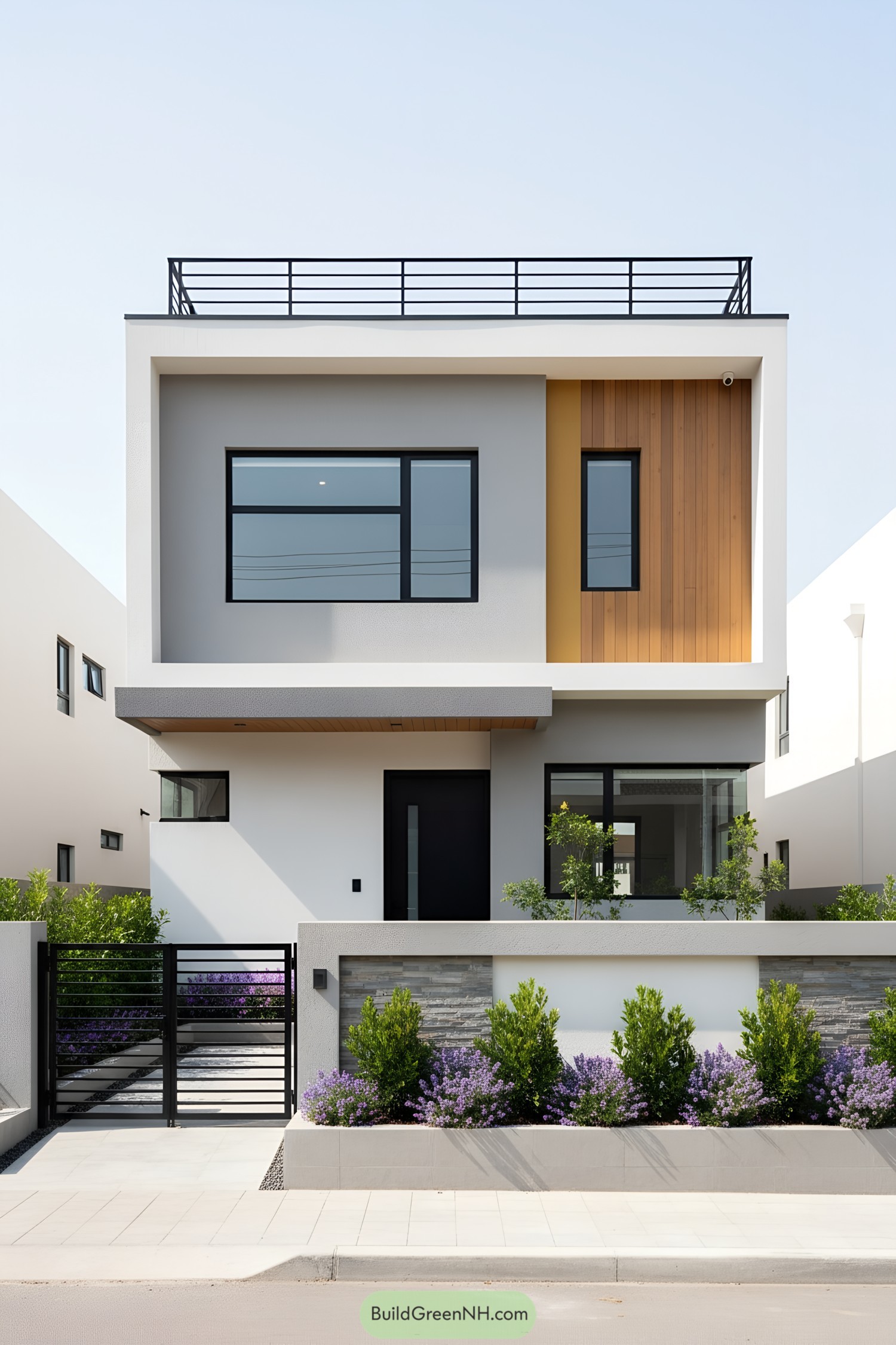 Modern small house front elevation with a sleek cube design