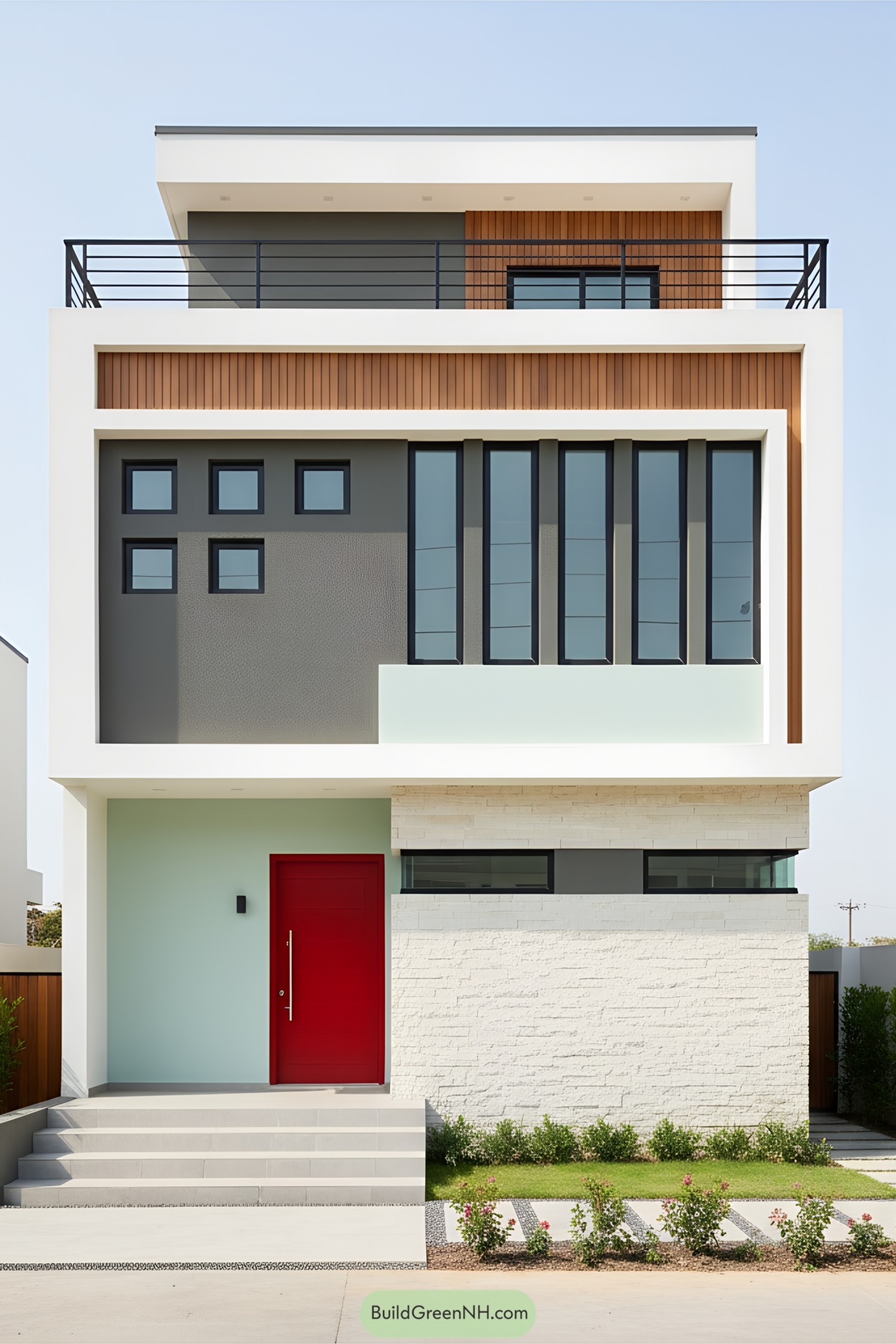 Sleek modern house with bold design and red accent door