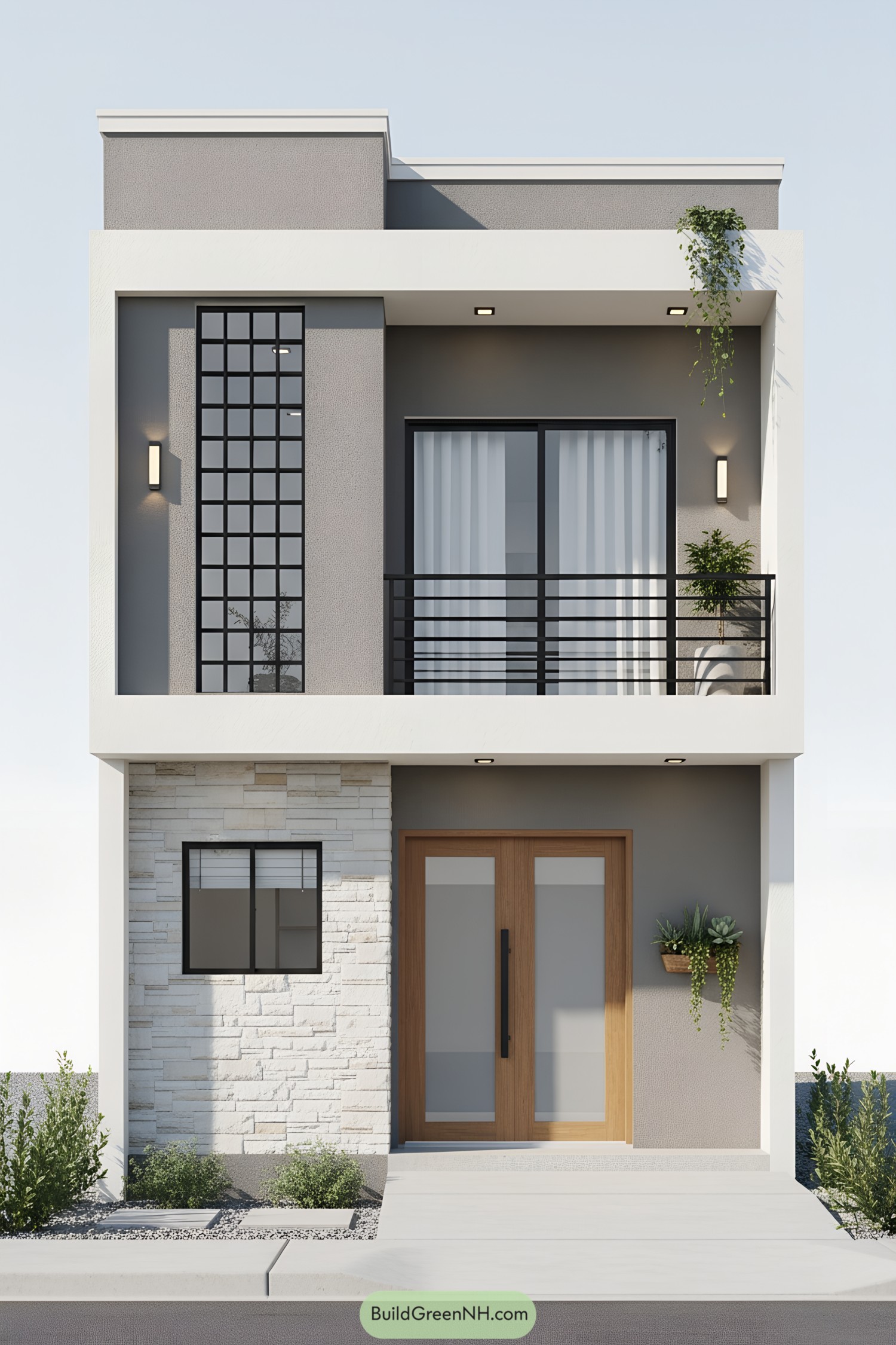 Compact modern house with a balcony and stone accents