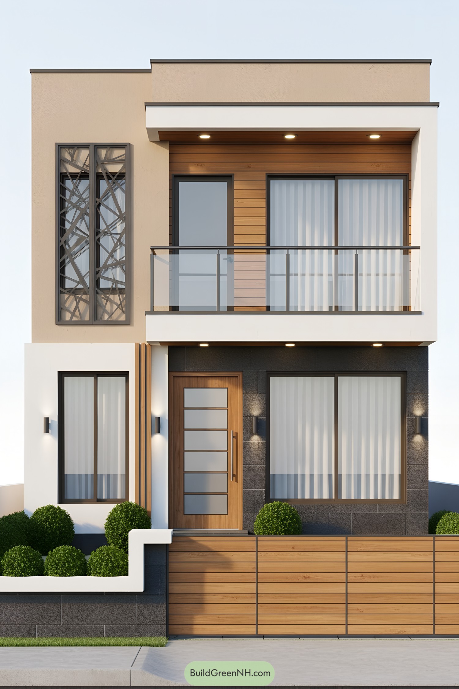 Front view of a small modern house with geometric design