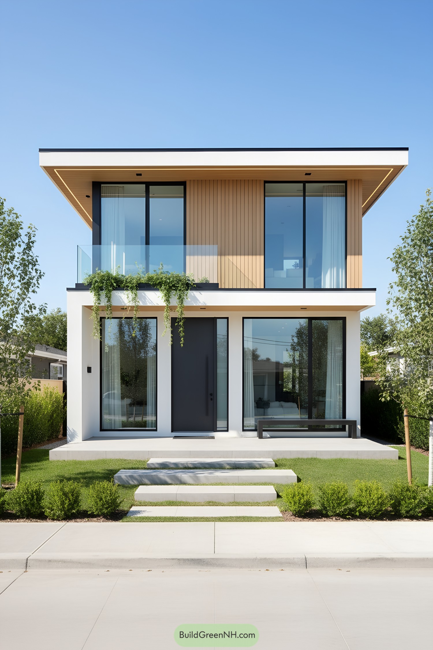 Sleek two-story modern house with large windows and greenery