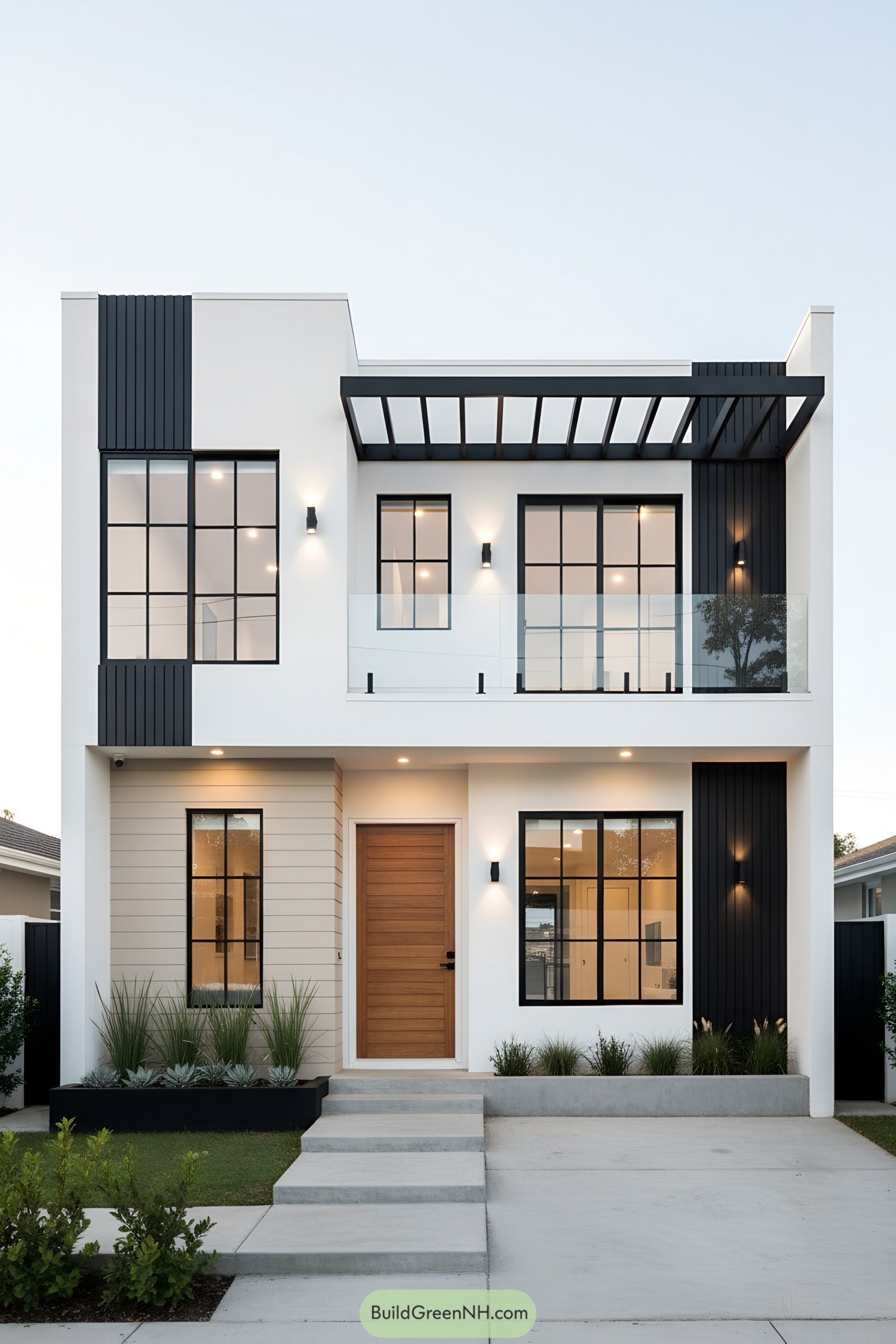 Minimalist modern house with black and white facade