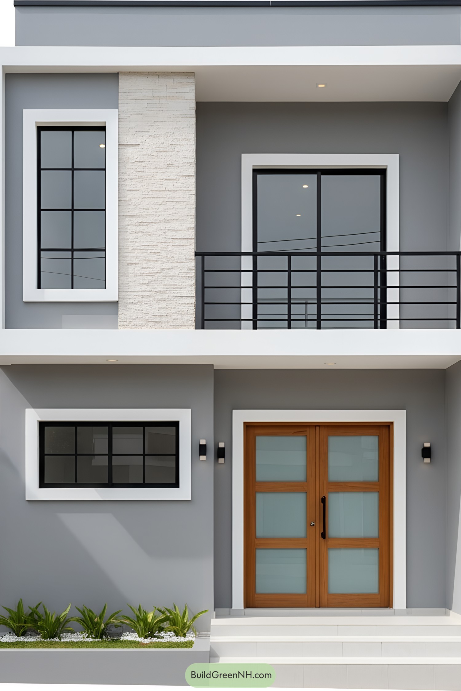 Small modern house with sleek windows and a wooden door