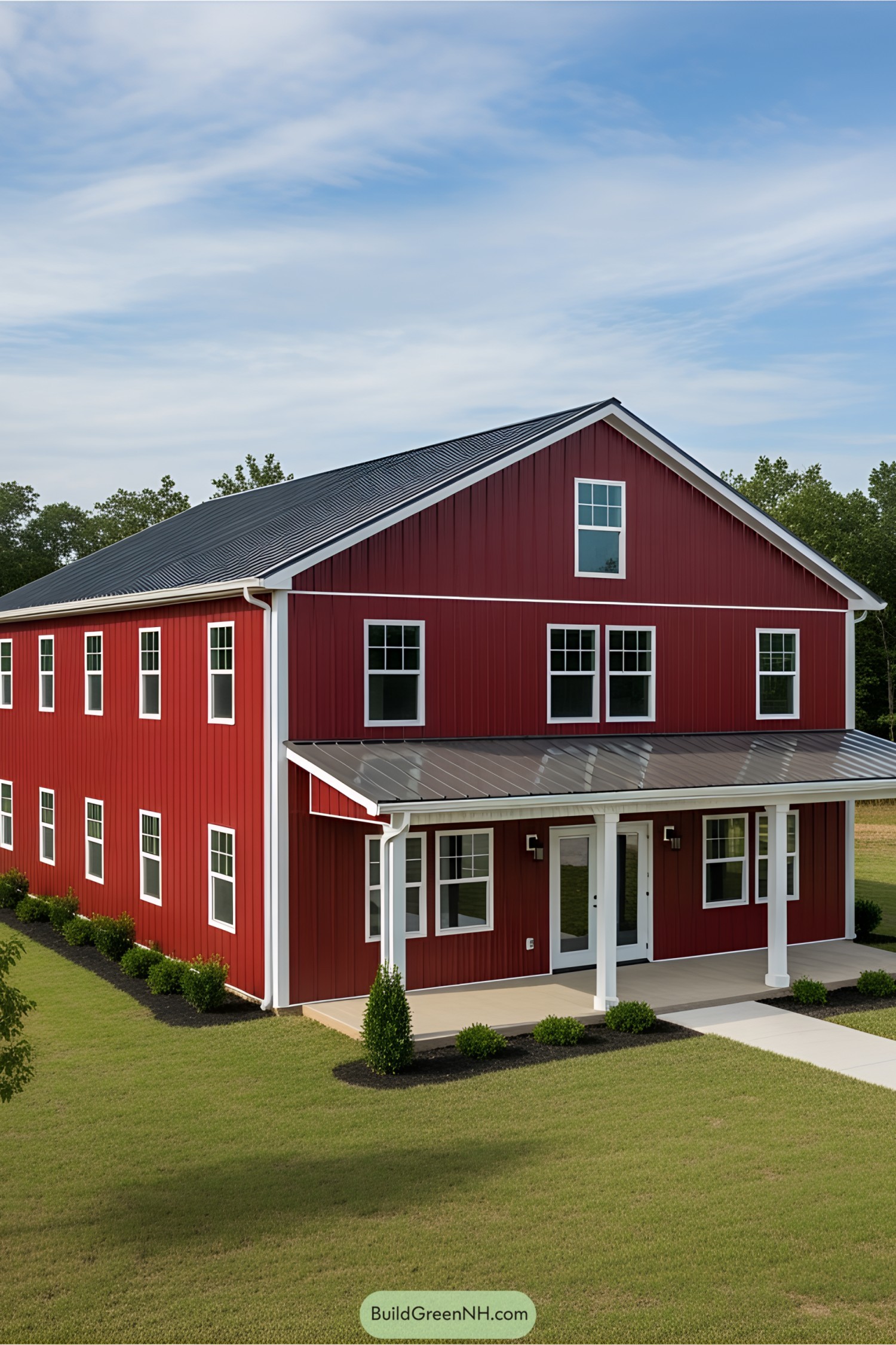 Red barndominium with a porch and lush yard
