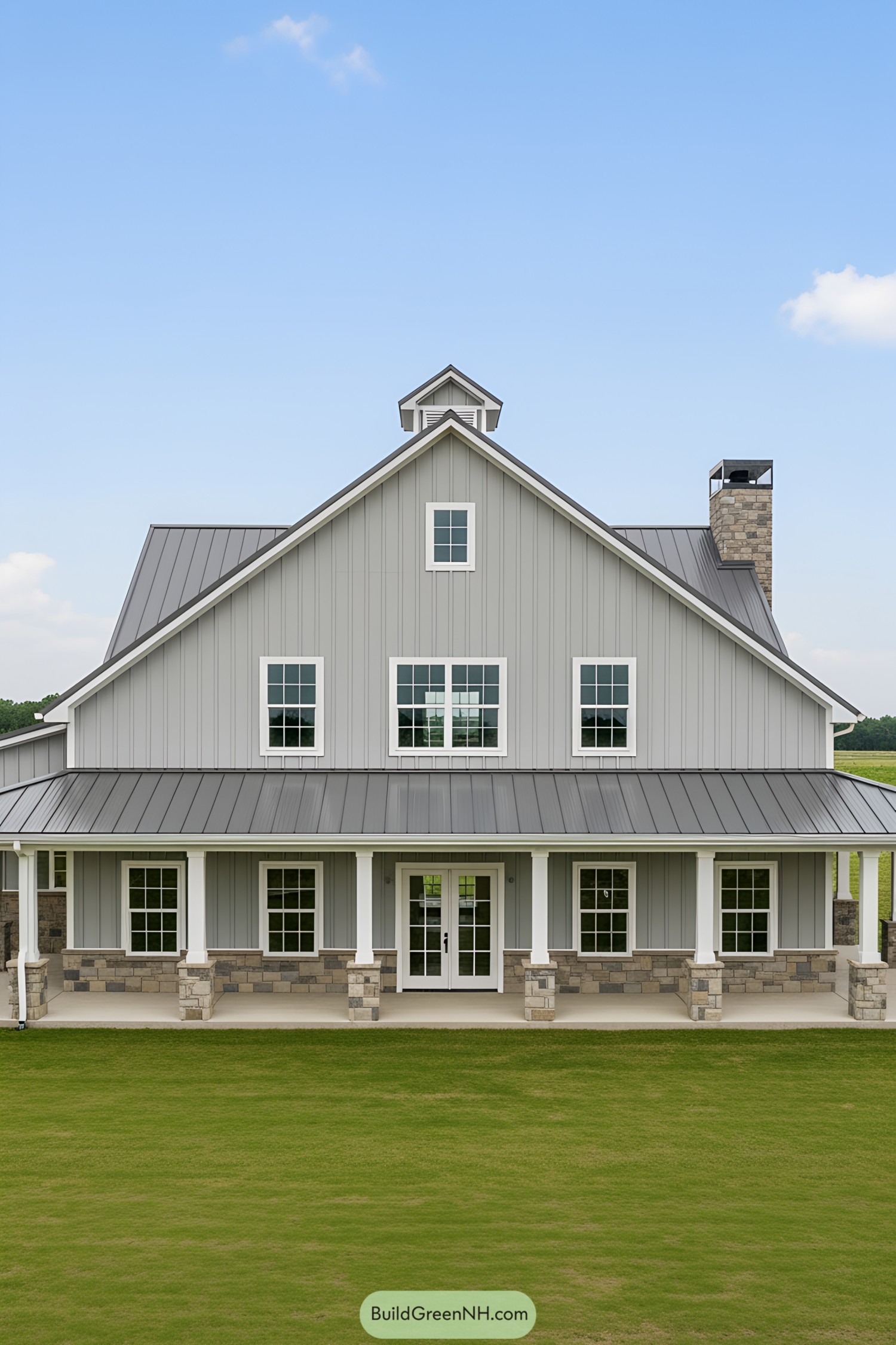 Gray barndominium with a gabled roof and stone accents