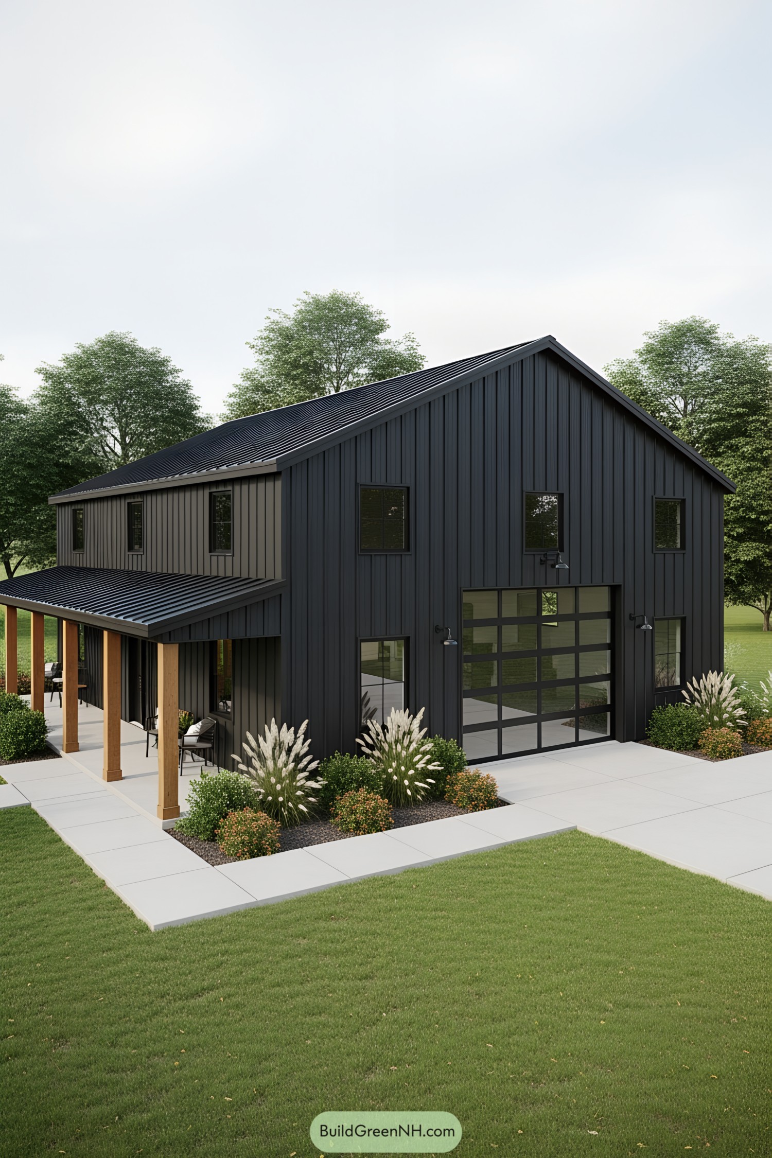 Modern dark exterior with porch and greenery