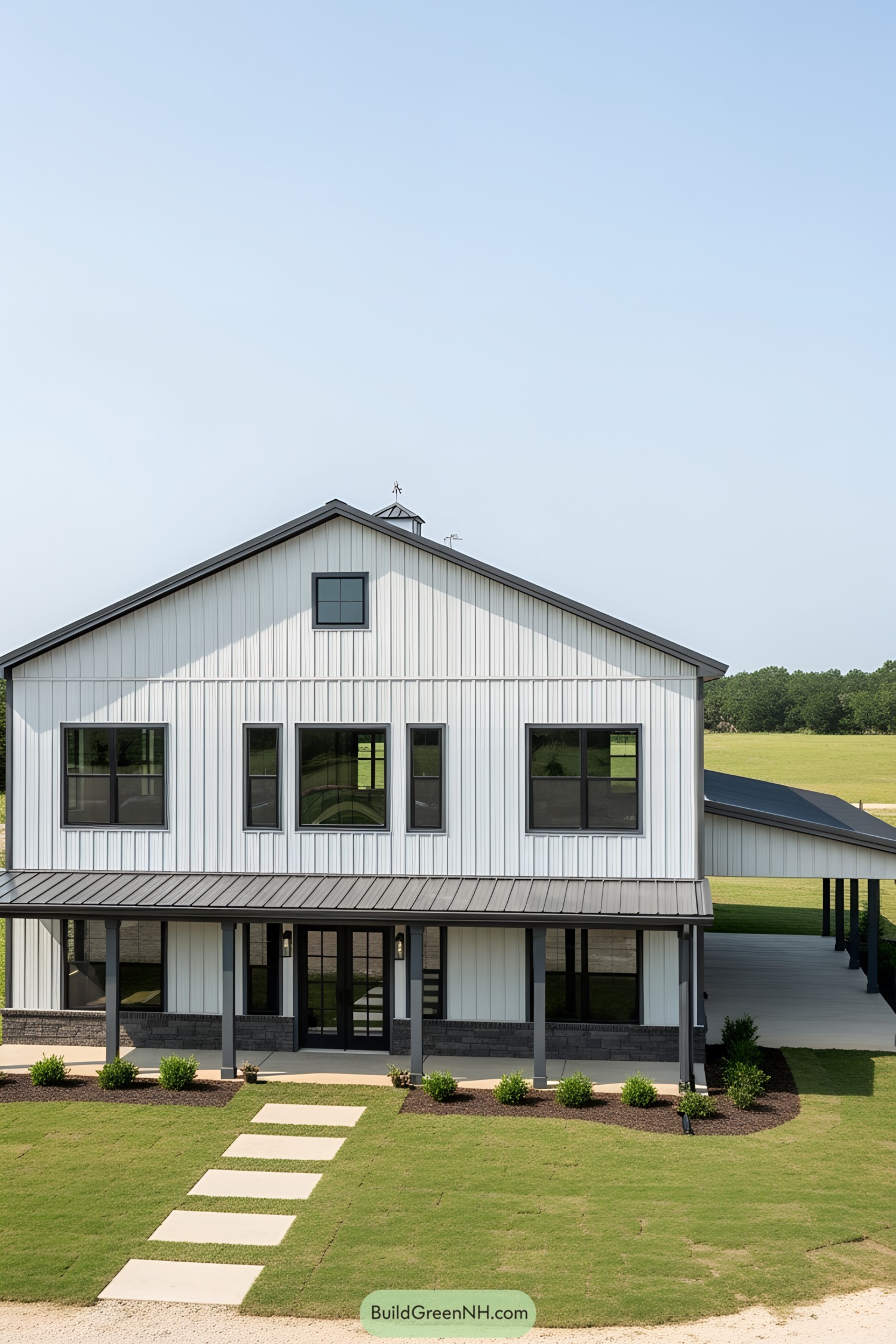 Modern barndominium with black accents on lush lawn
