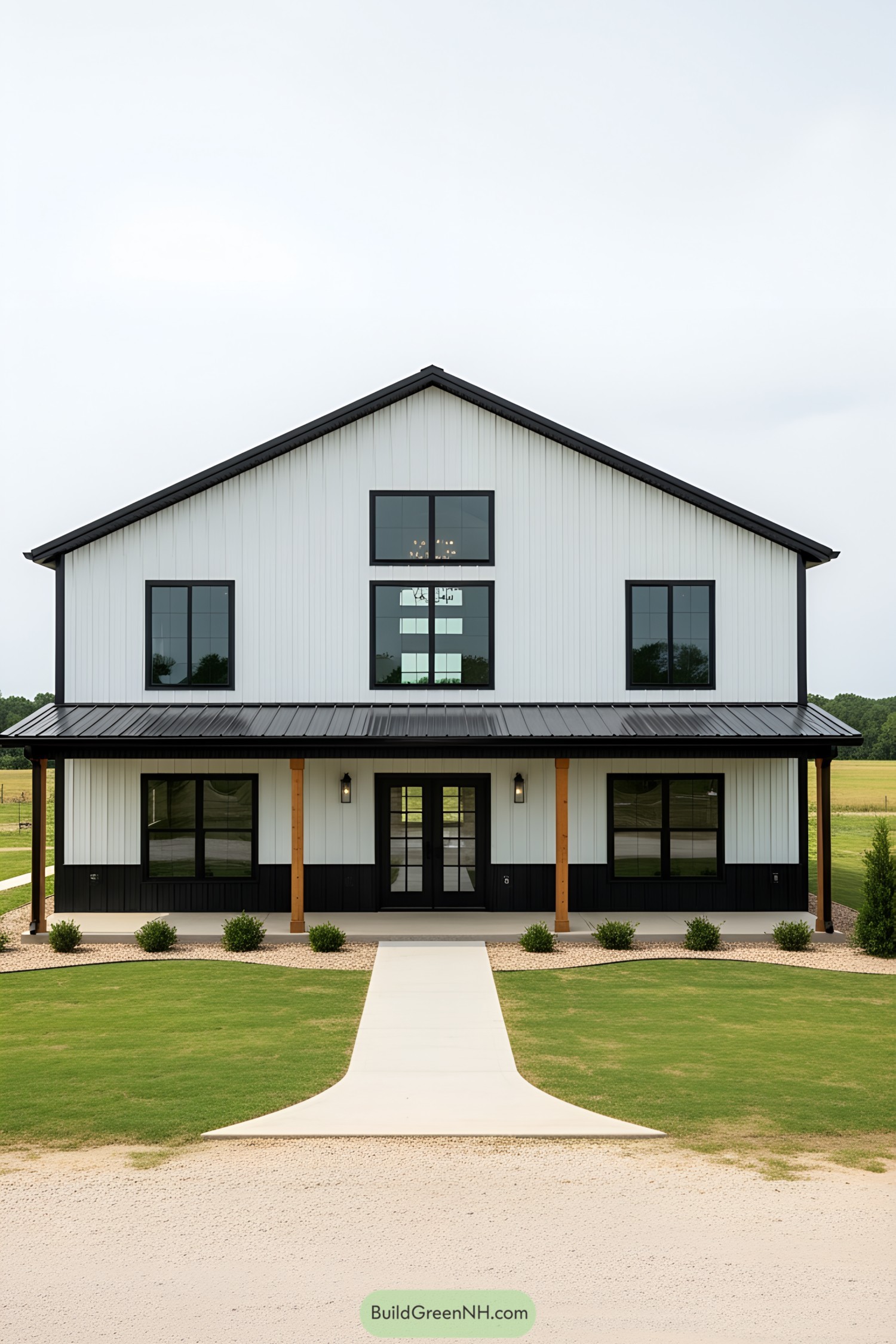 Stylish black and white barndominium with large windows and front porch