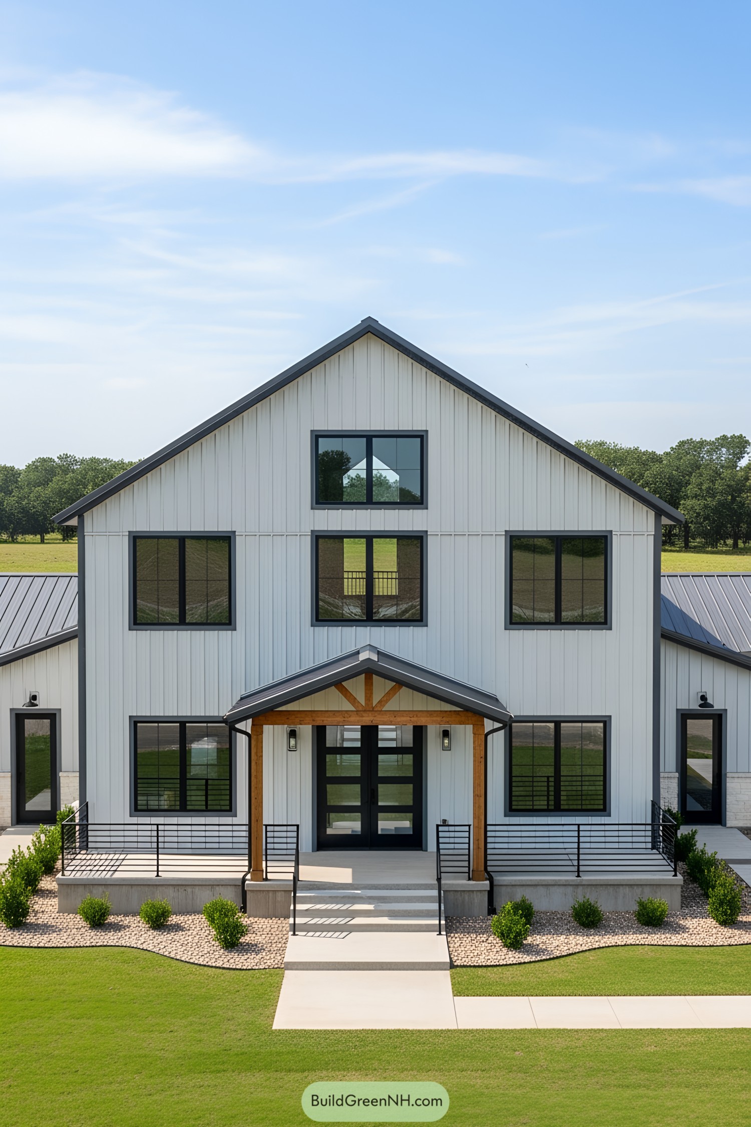 White barndominium with rustic accents and large windows