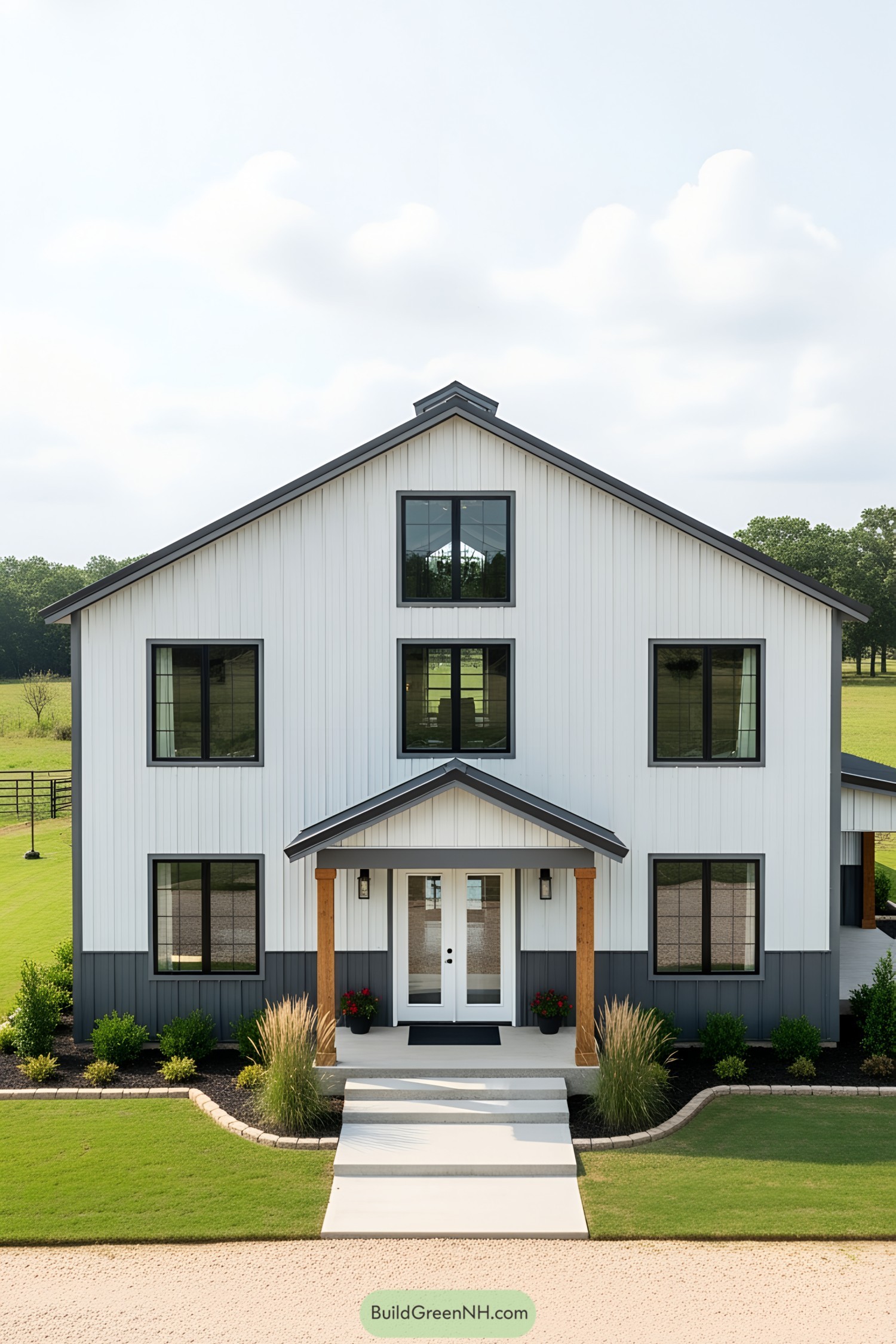 White and Gray Barndominium with Wooden Accents