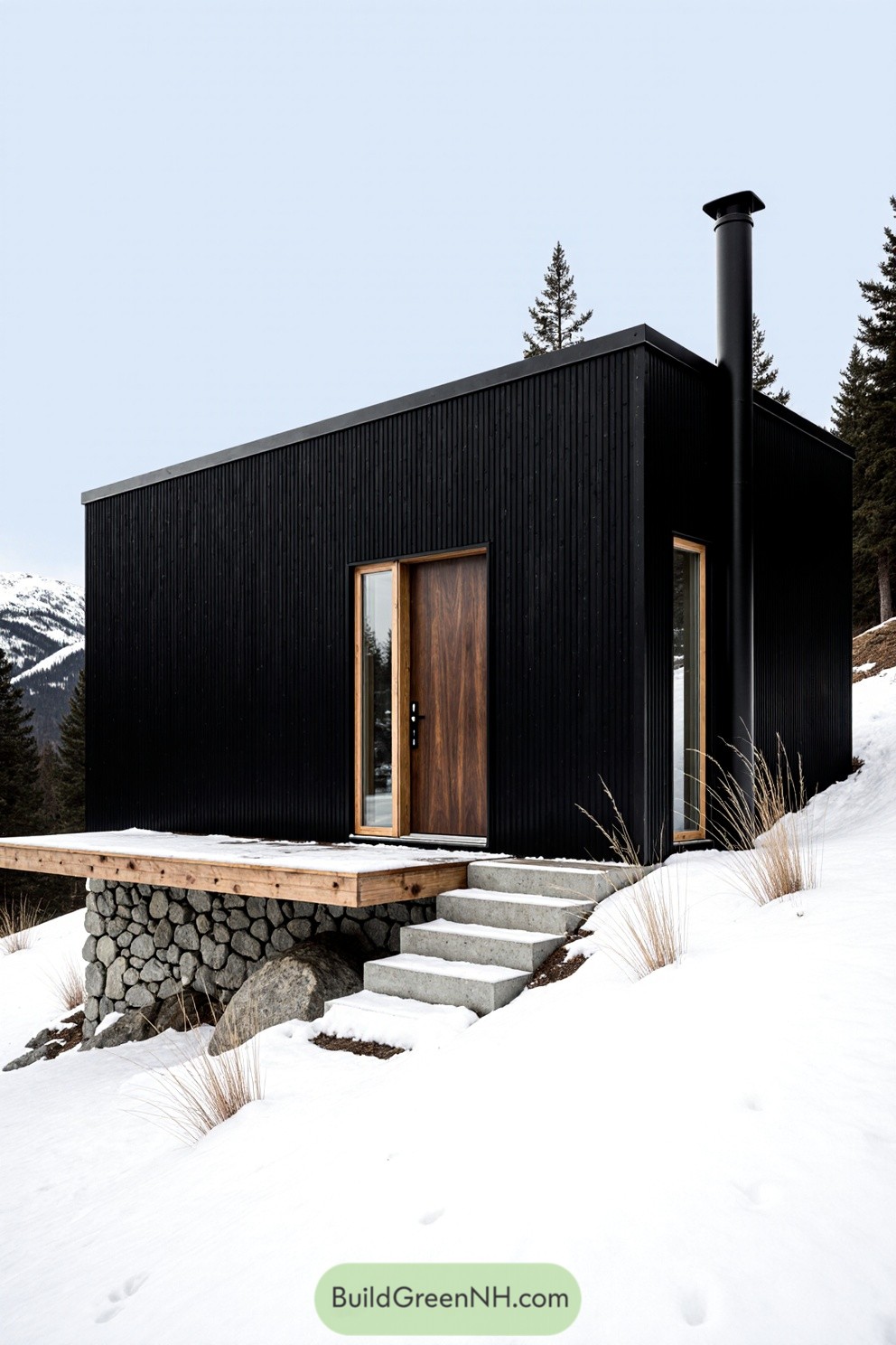 Modern black cabin in snowy landscape
