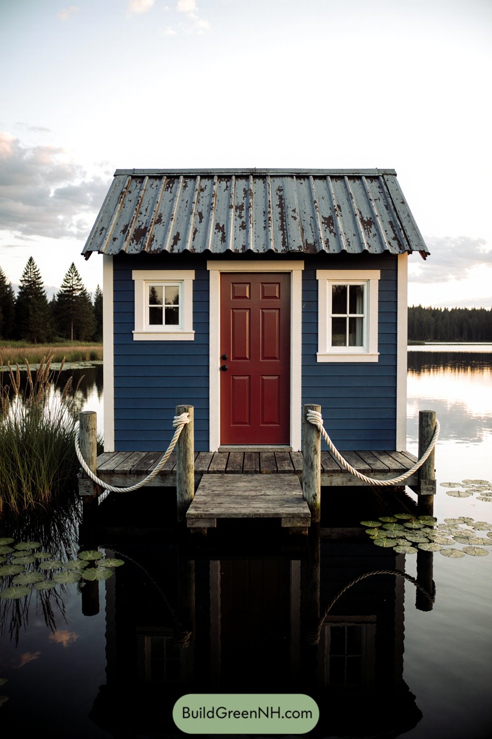 Small blue cabin with a red door on a lake