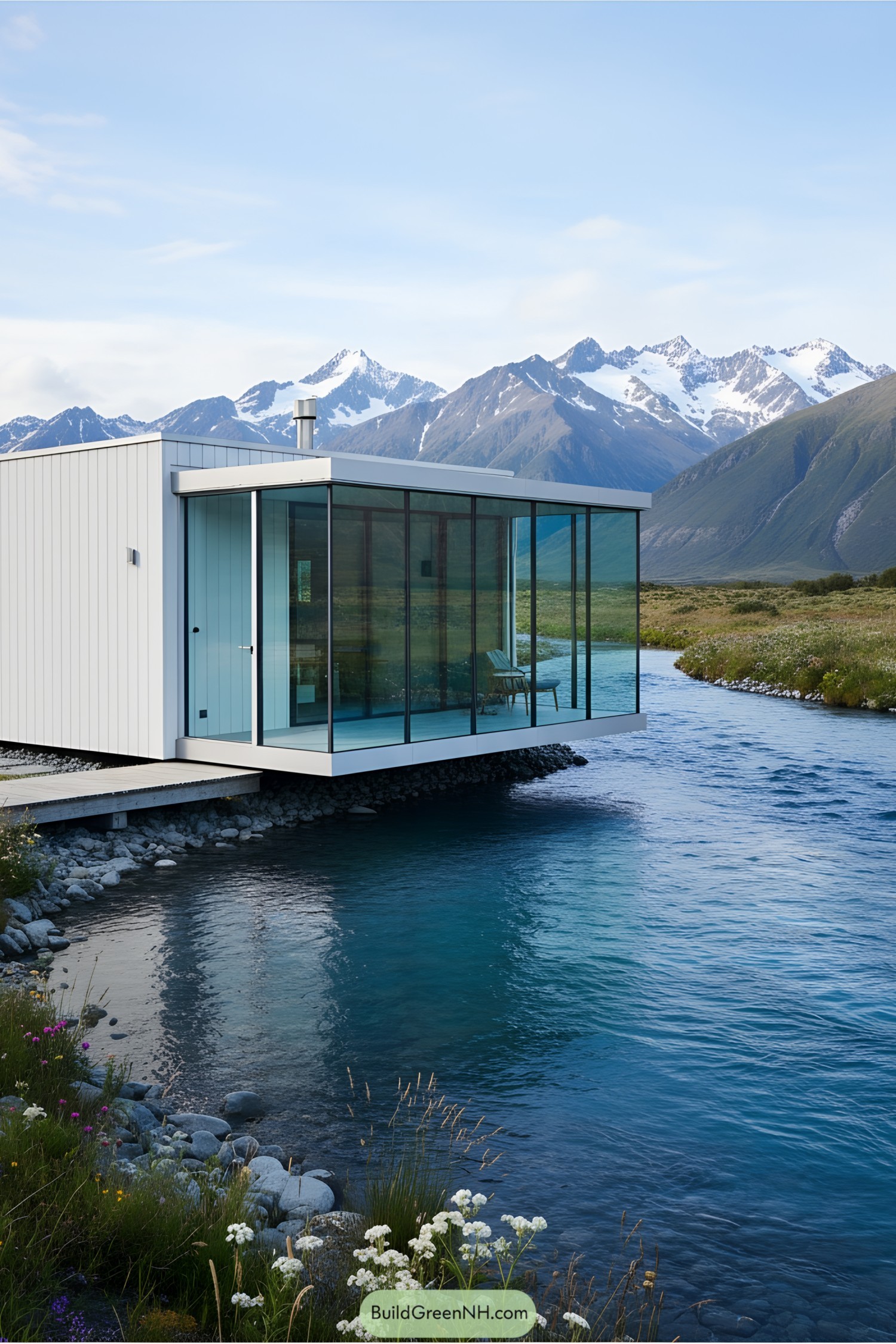 Cabin with glass walls over a river, surrounded by mountains