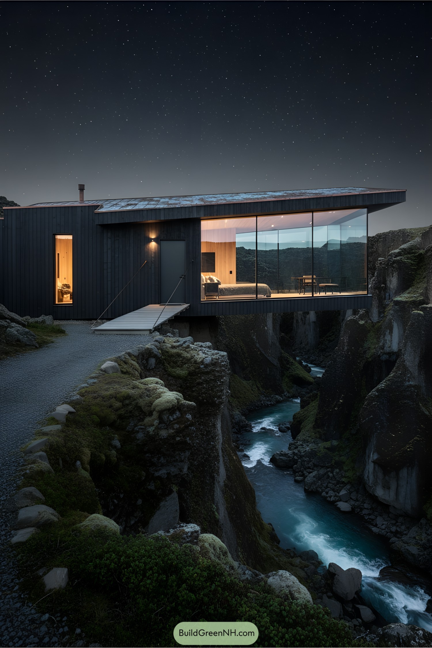 Modern cabin with large glass windows perched over a river canyon under a starry sky
