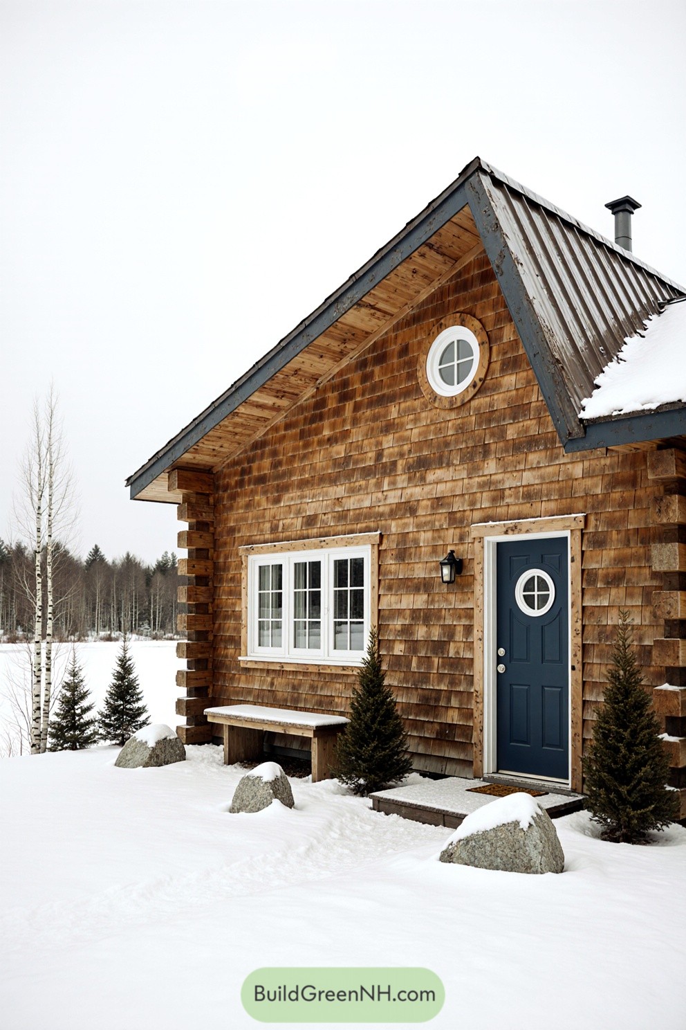 Cozy wooden cabin with snow-covered roof