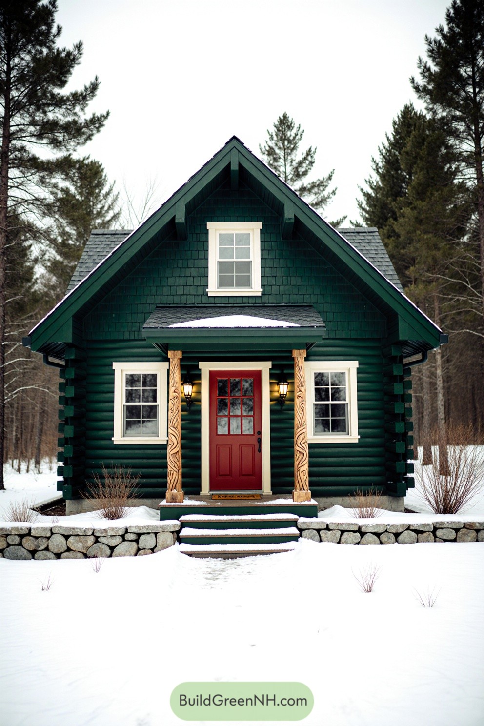 Green log cabin with red door in snowy setting