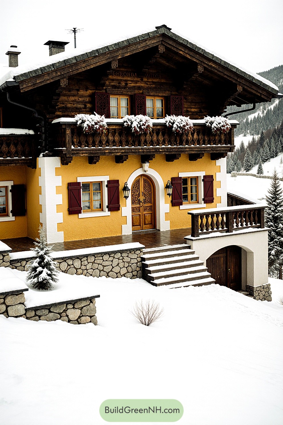 Charming alpine cabin with snowy accents