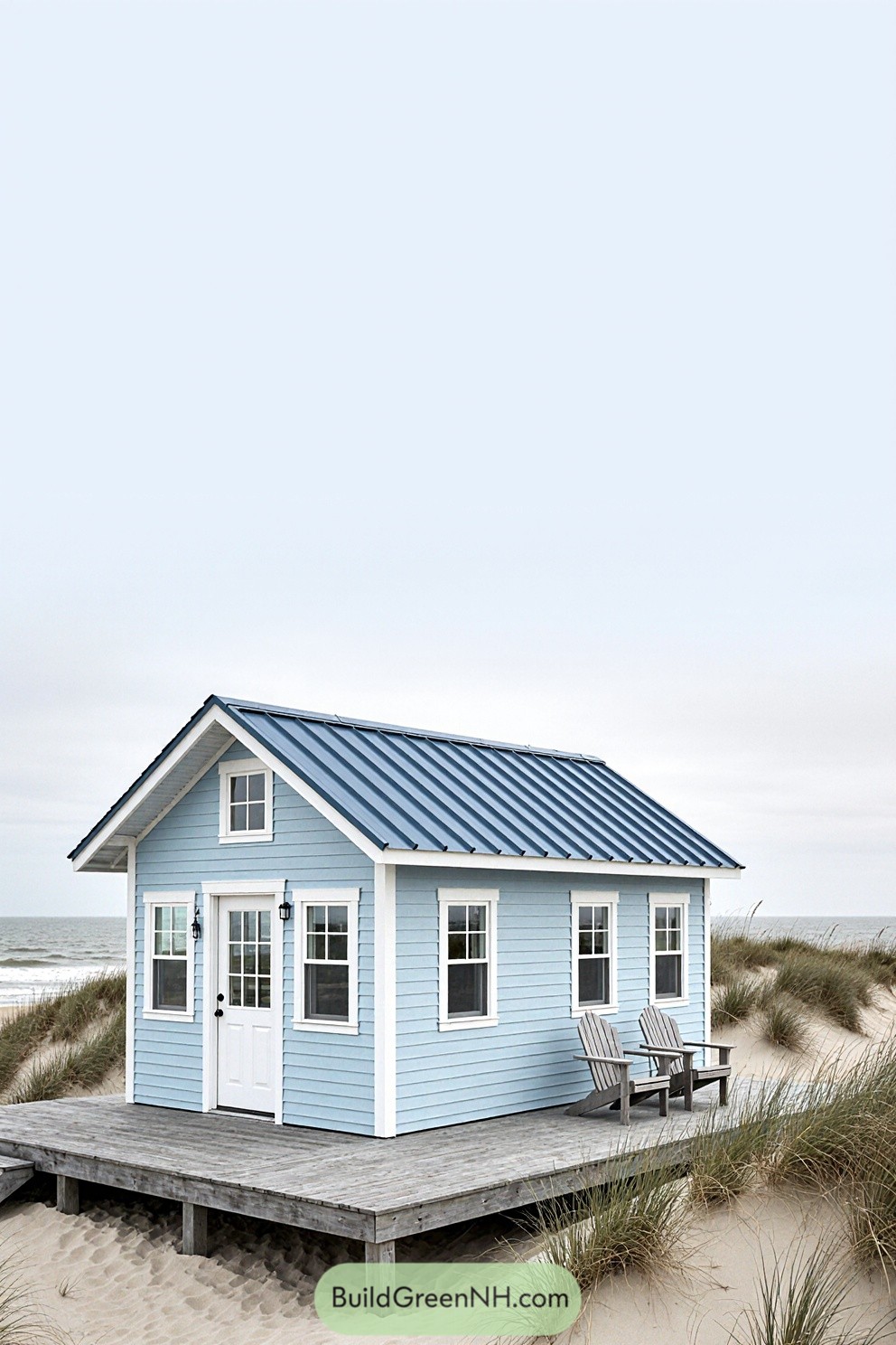 Small blue cabin on a sandy beach with tall grasses