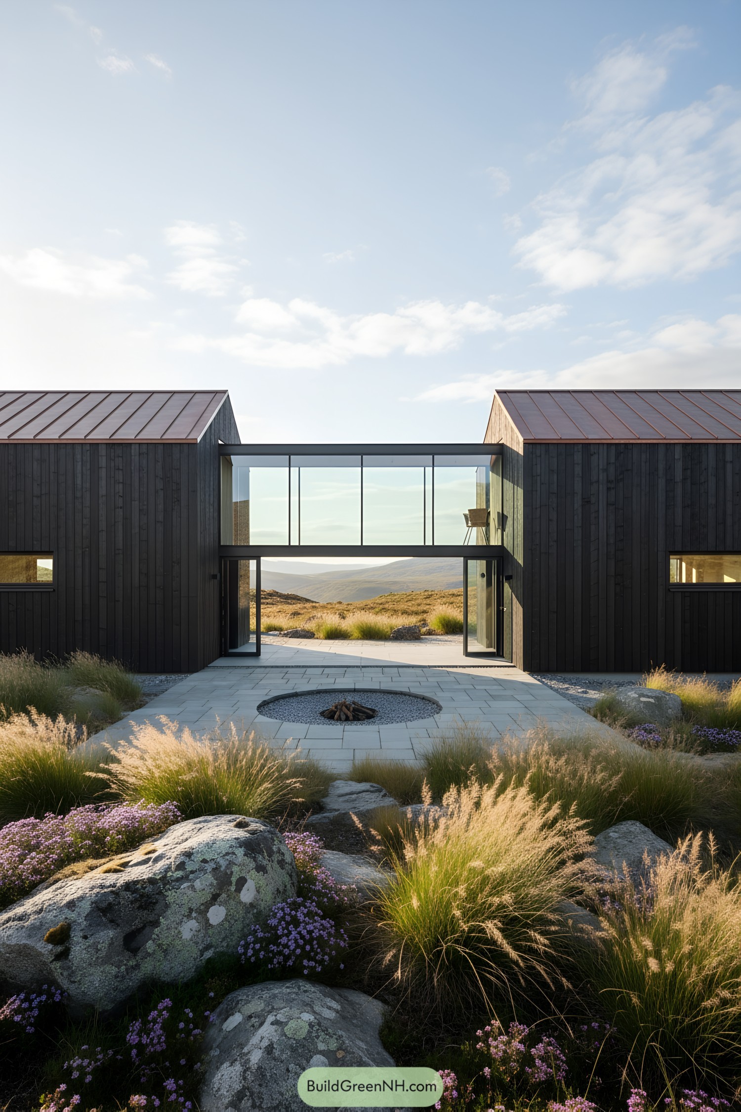Modern cabin with glass passageway set in Icelandic landscape