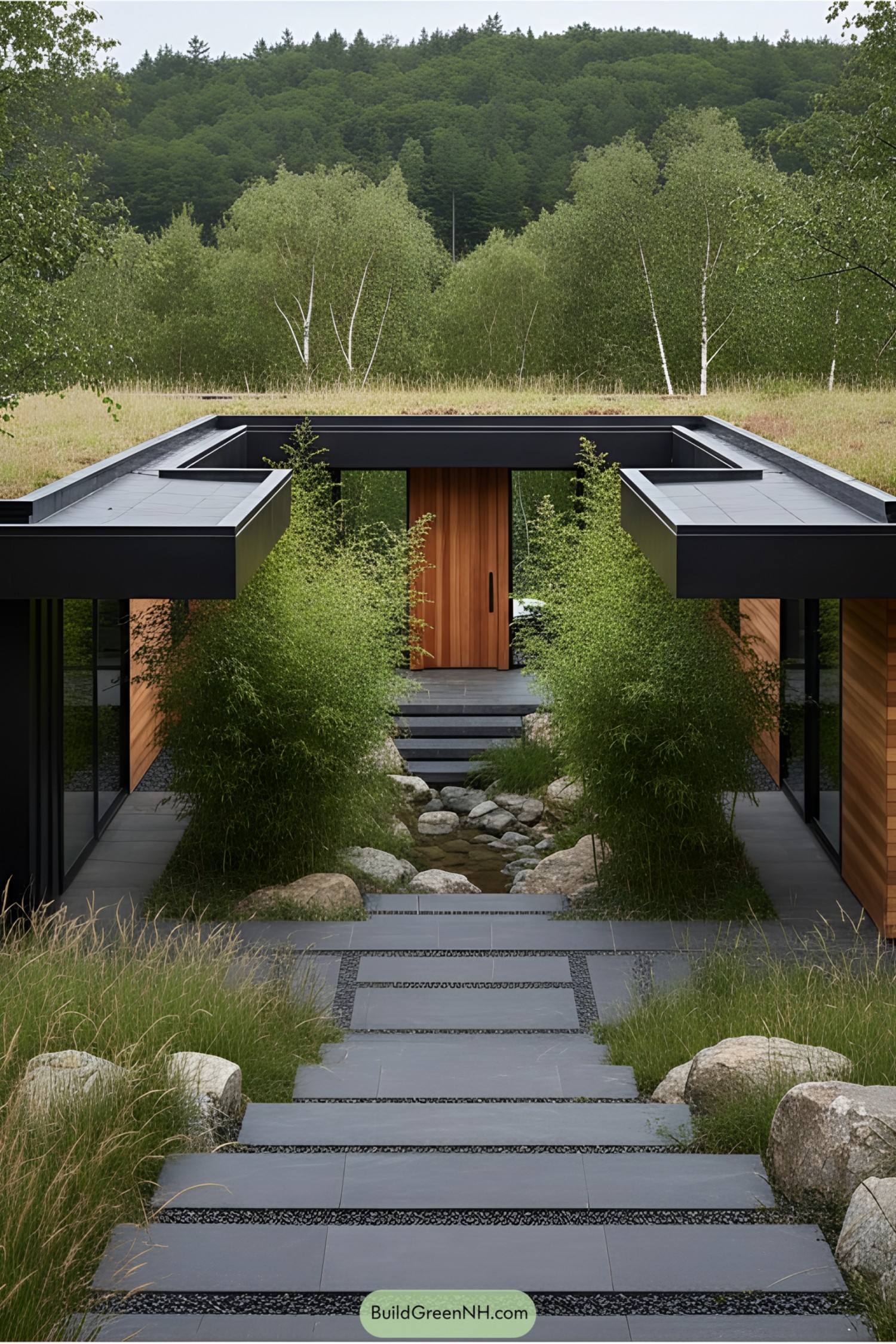 Modern U-shaped house on a hillside with a lush courtyard