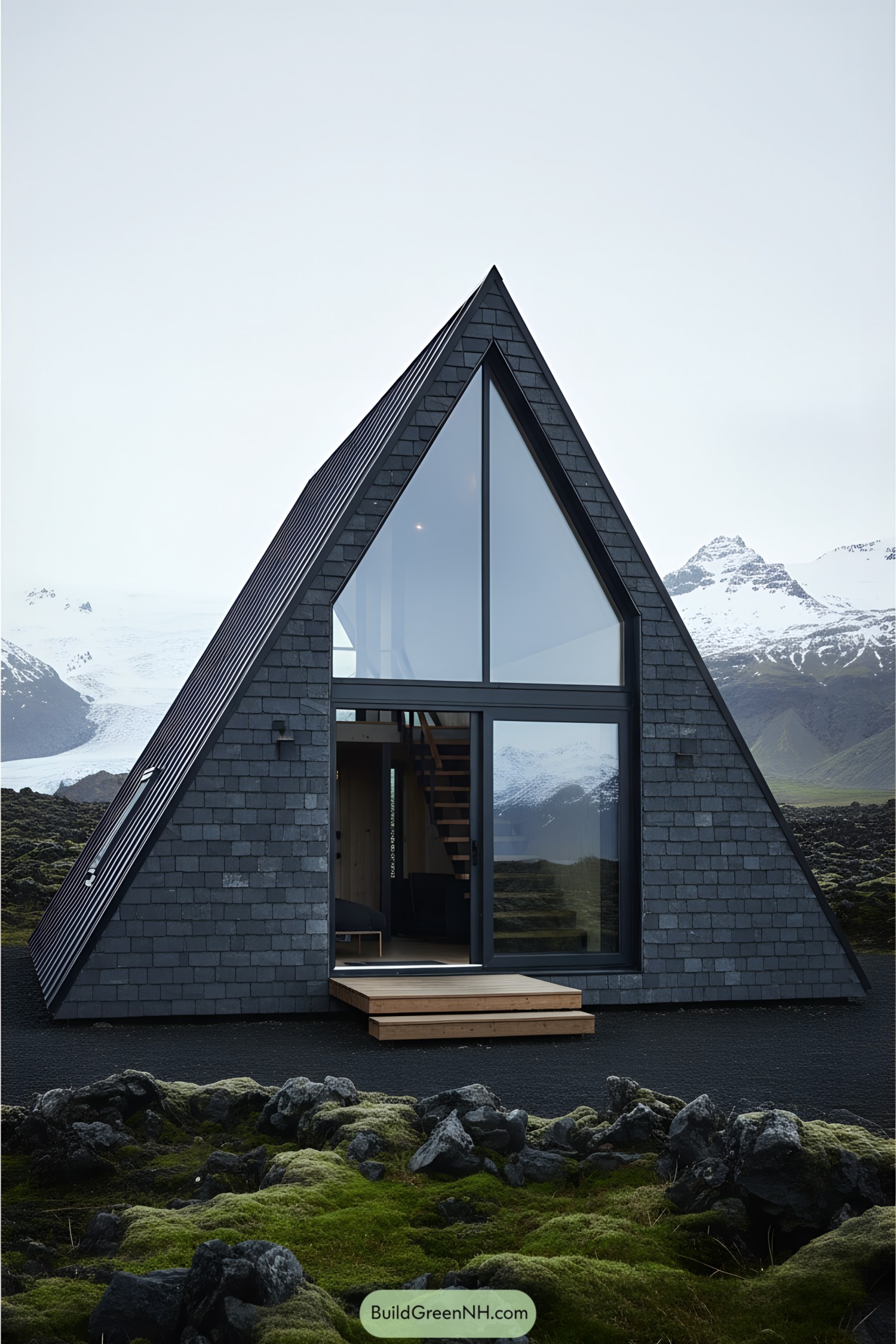 Modern A-frame cabin with large glass windows in Iceland