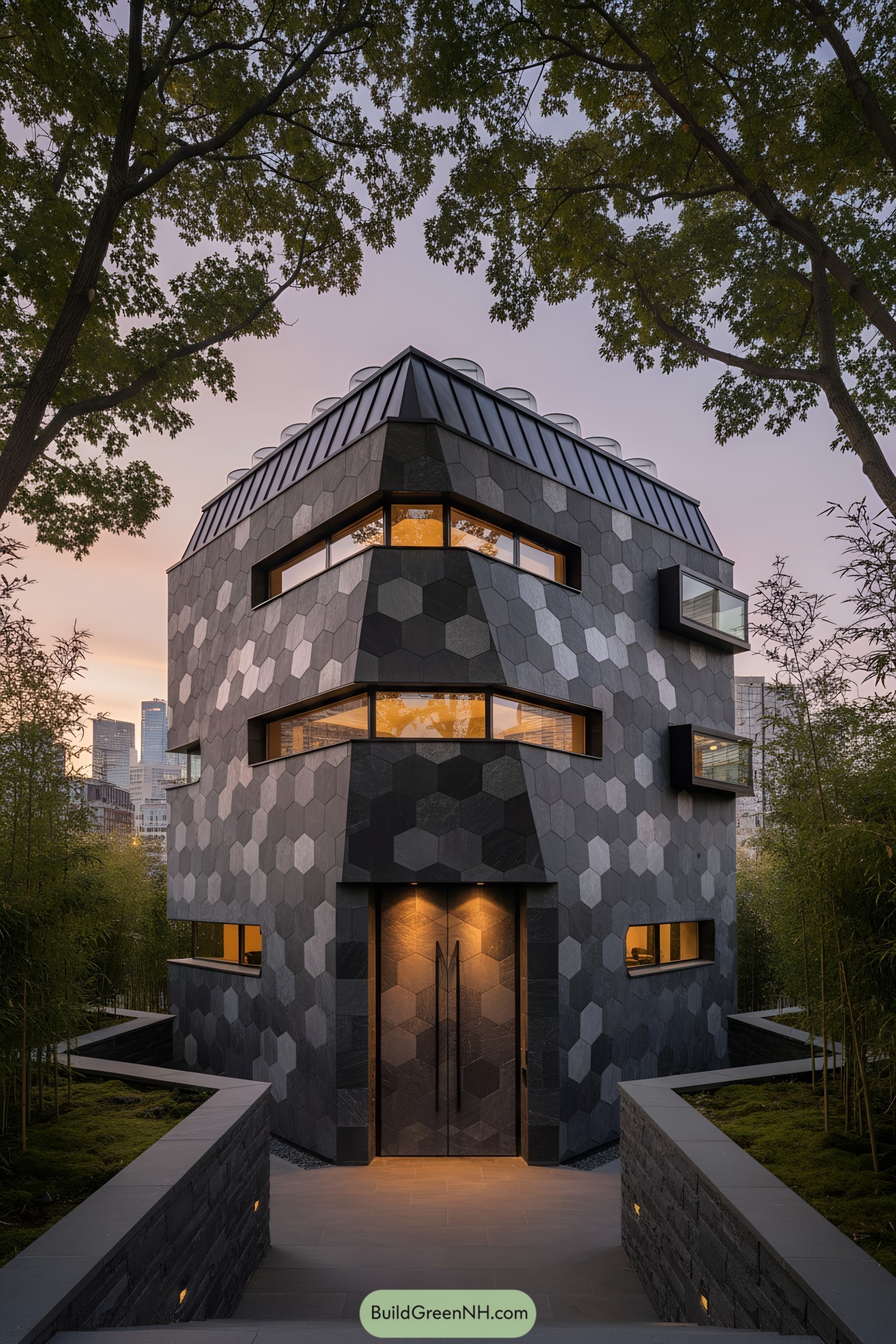 Modern building with hexagonal rock design at dusk