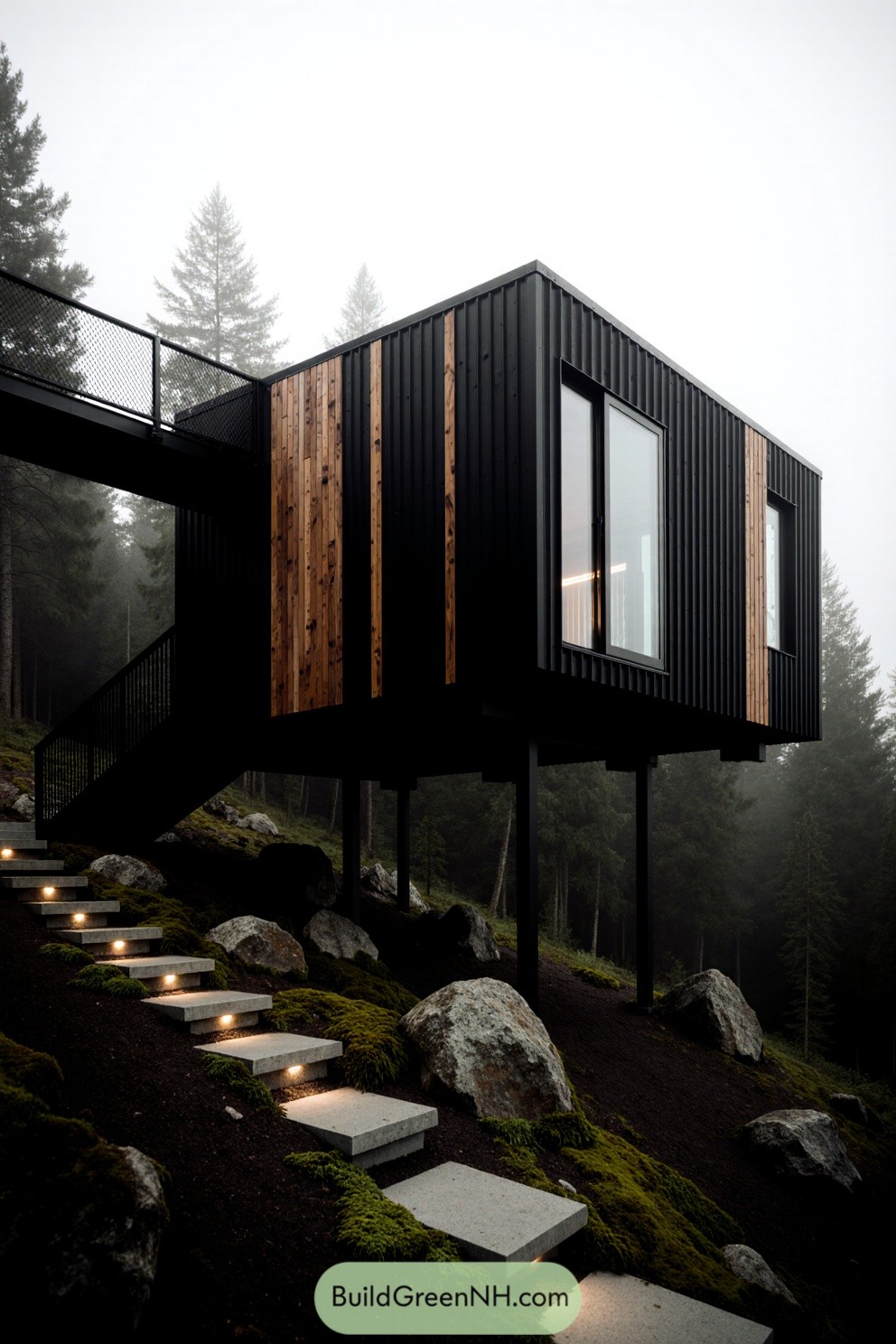 Cabin on tall supports amidst trees