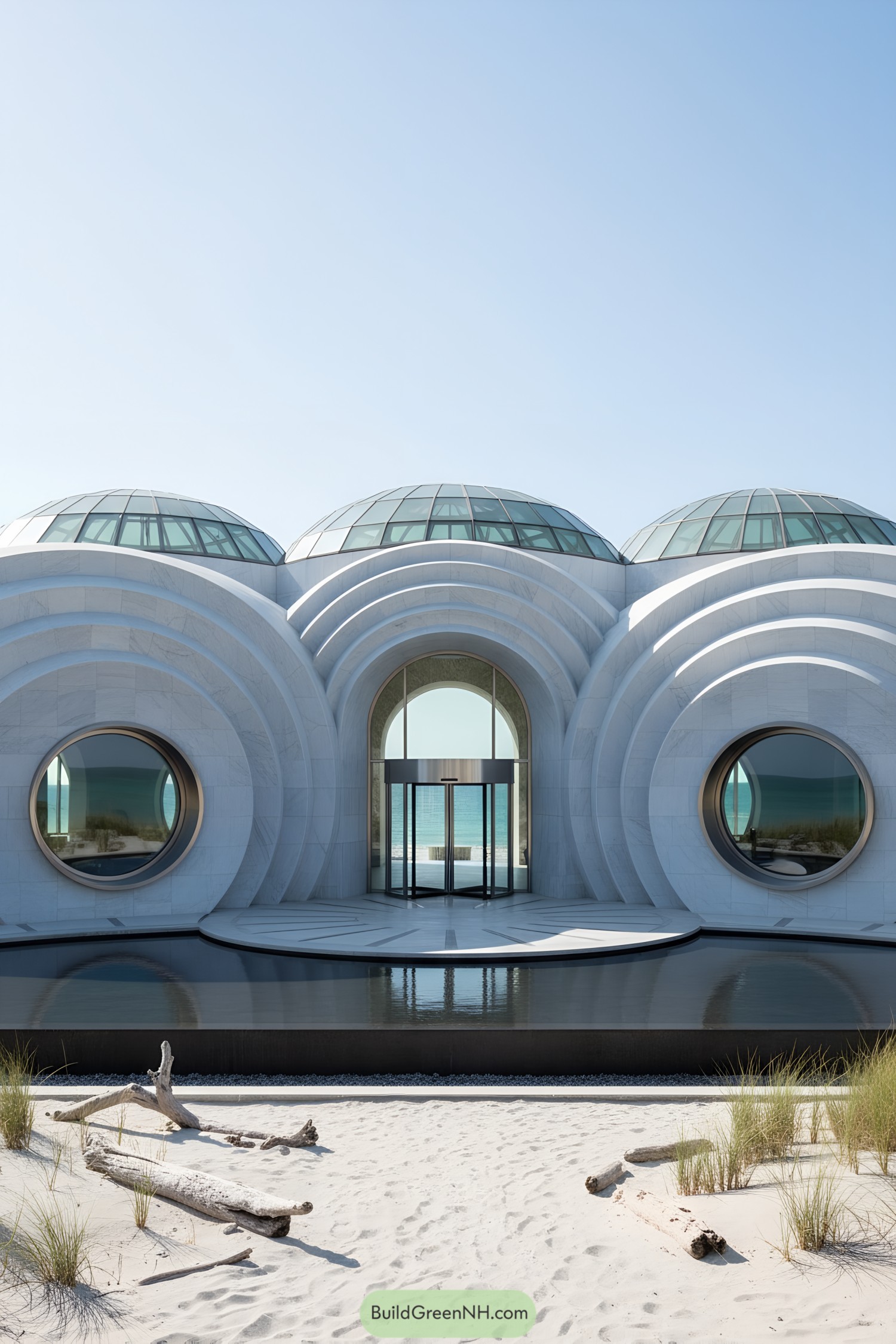 Contemporary building with circular stone facade and glass domes