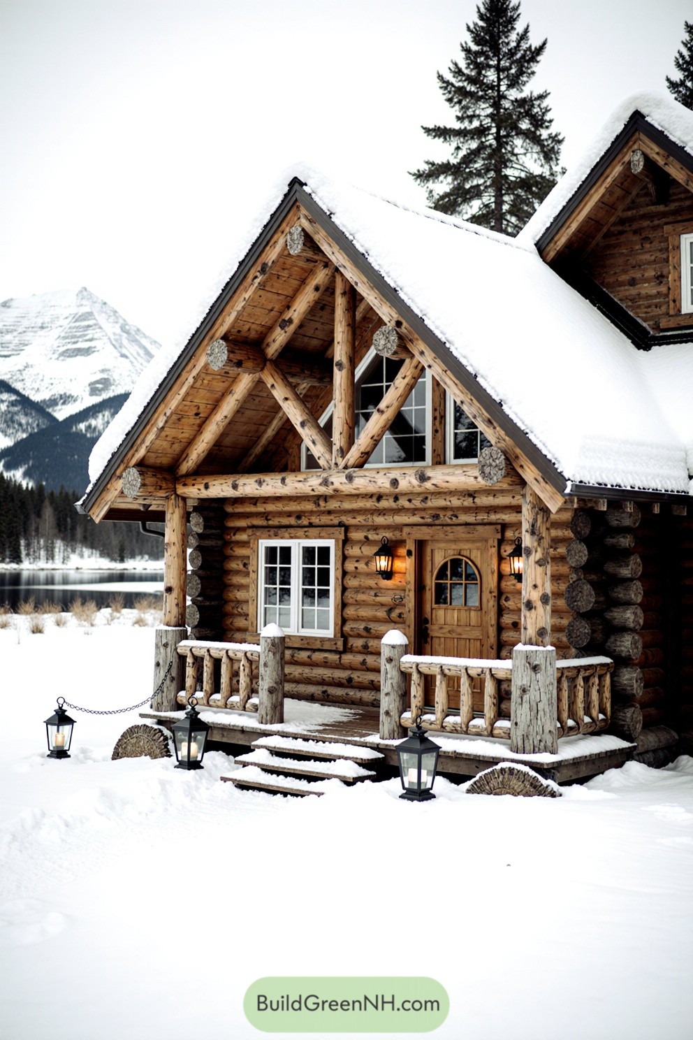 Charming log cabin dusted with snow