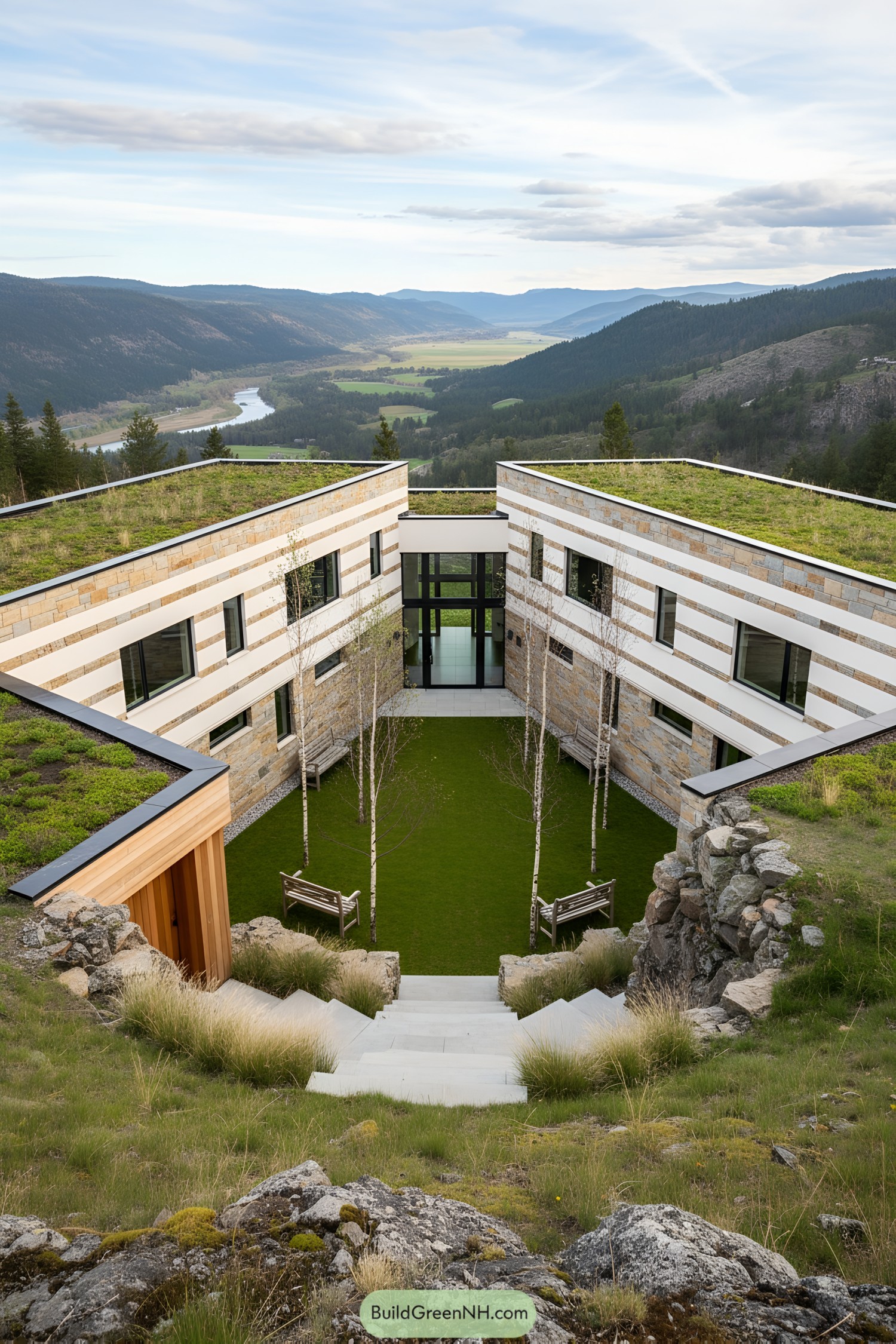 U-shaped house with grassy roofs on a hill