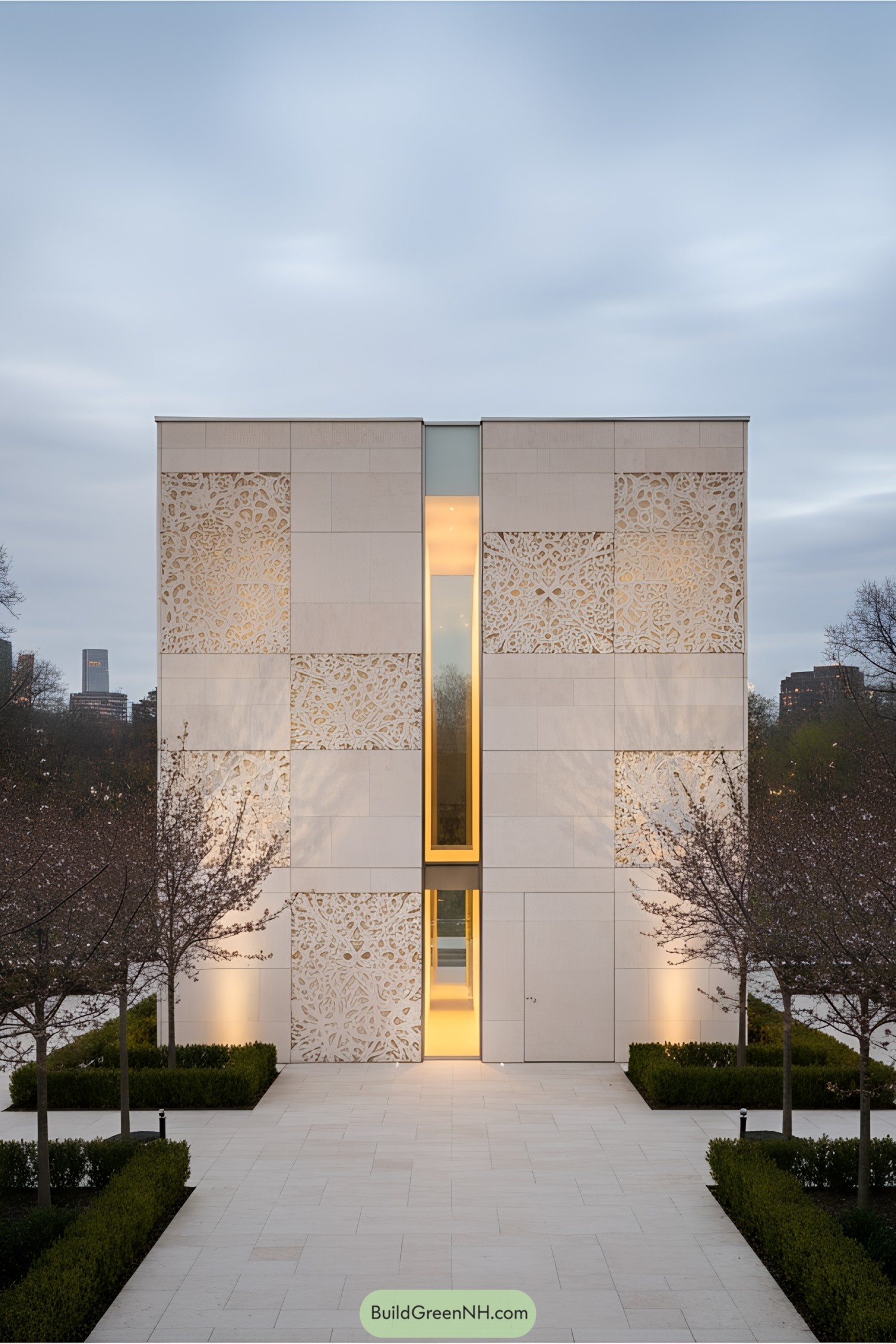 Modern house with ornate stone facade and glowing entrance