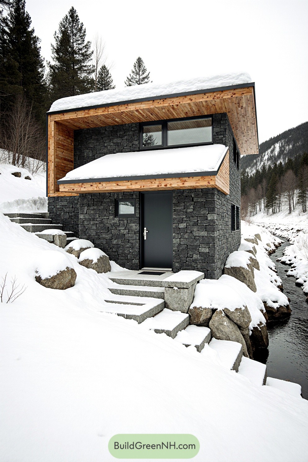 Modern stone cabin amidst snowy landscape