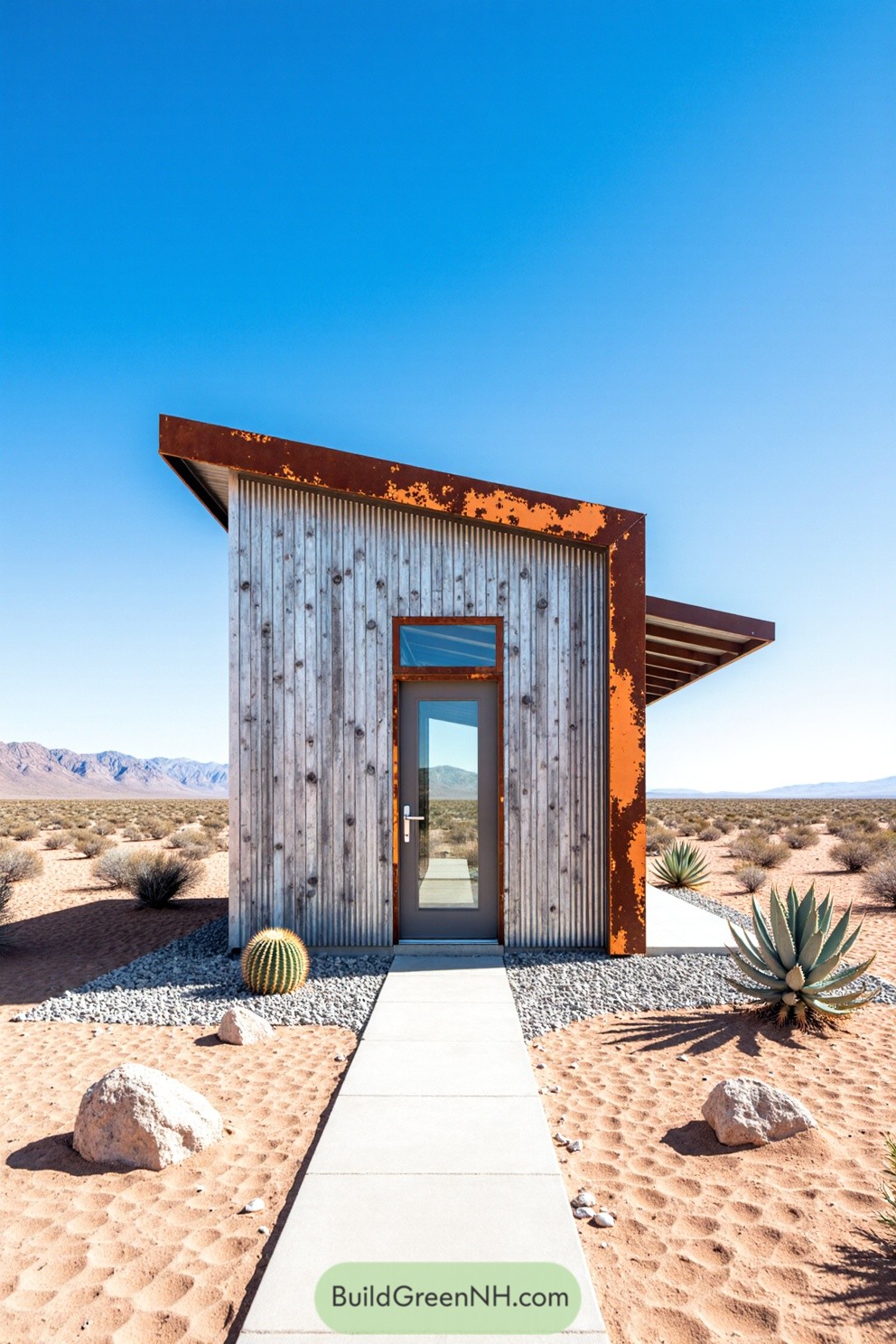 Modern cabin with a rusted steel roof in the desert