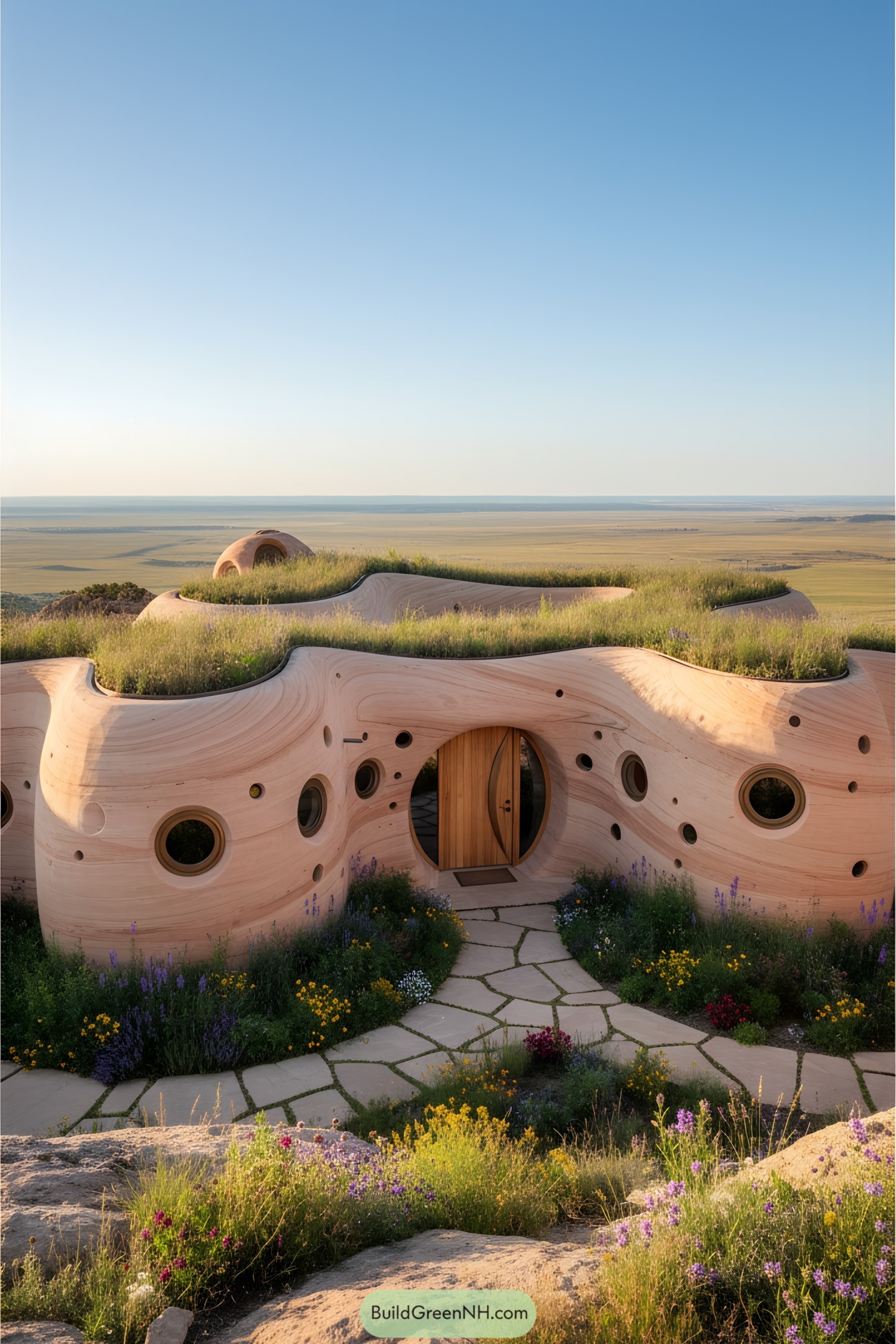 A whimsical building with a carved rock facade and grass-covered roof