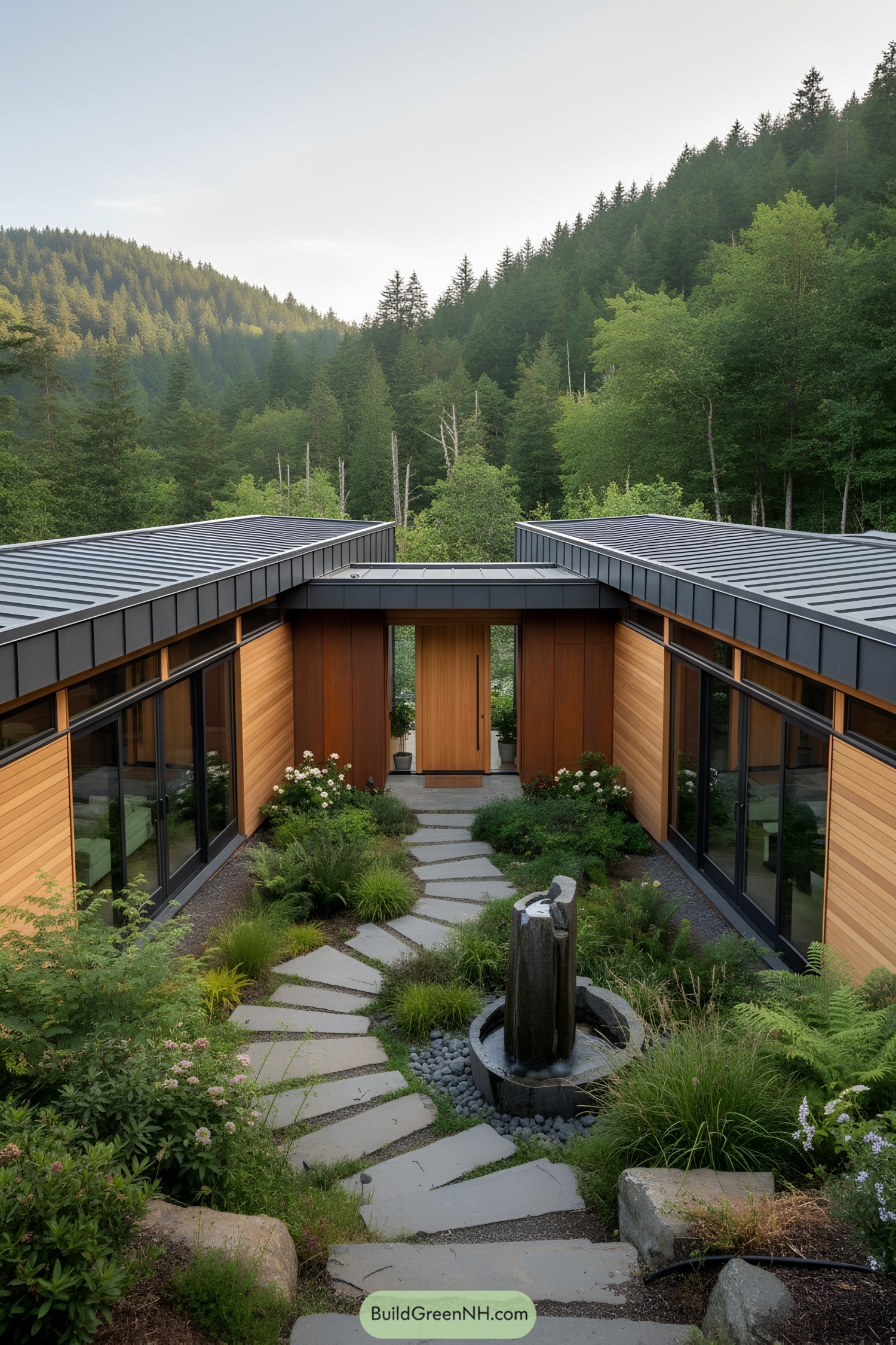 Modern U-shaped house nestled on a forested hill with a charming courtyard