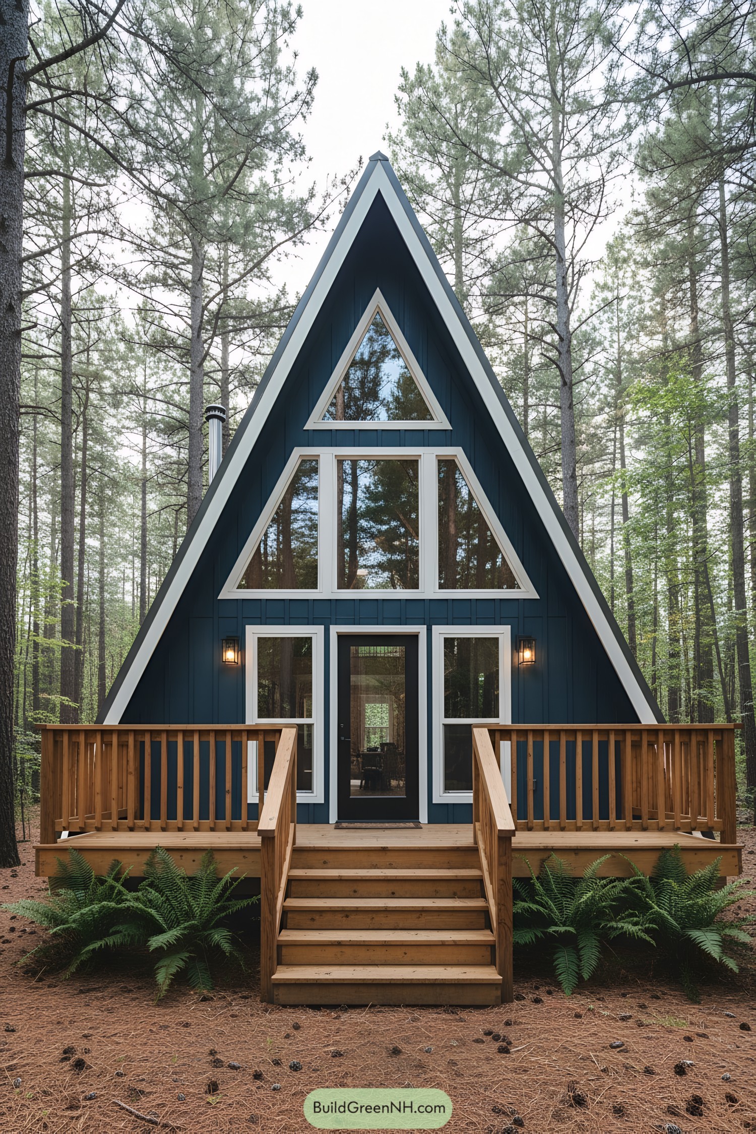 A-Frame cabin with tall stairs in a forest setting