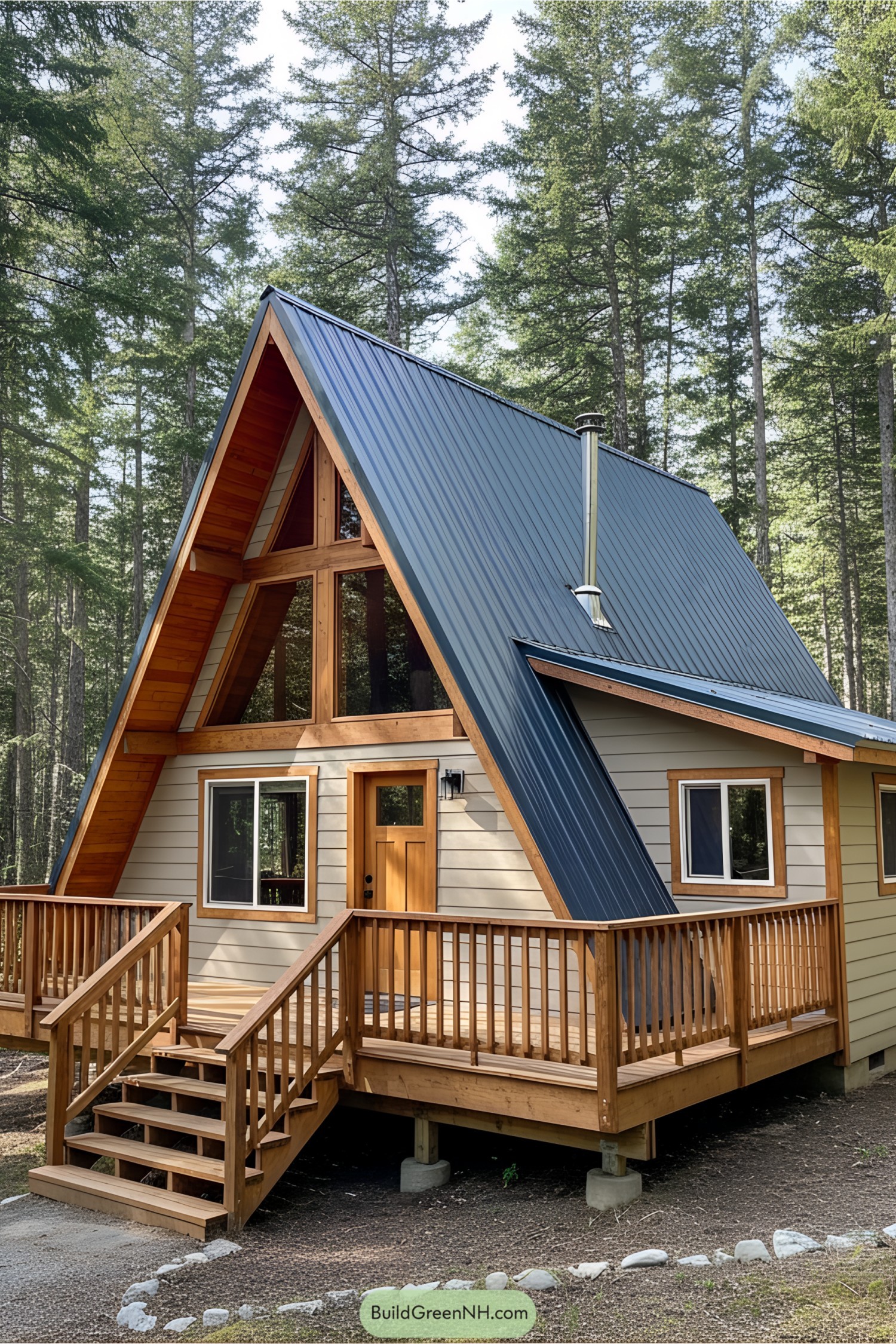 A-Frame cabin with wooden steps in a forest setting