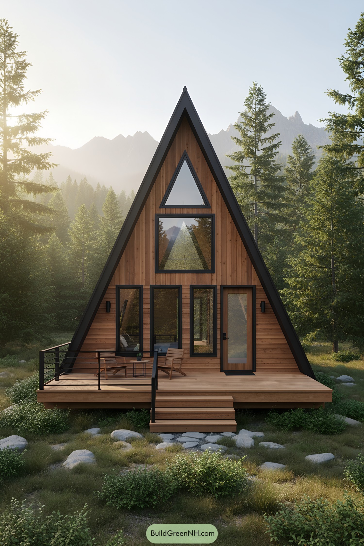 Cozy cabin with high steps in a forest setting