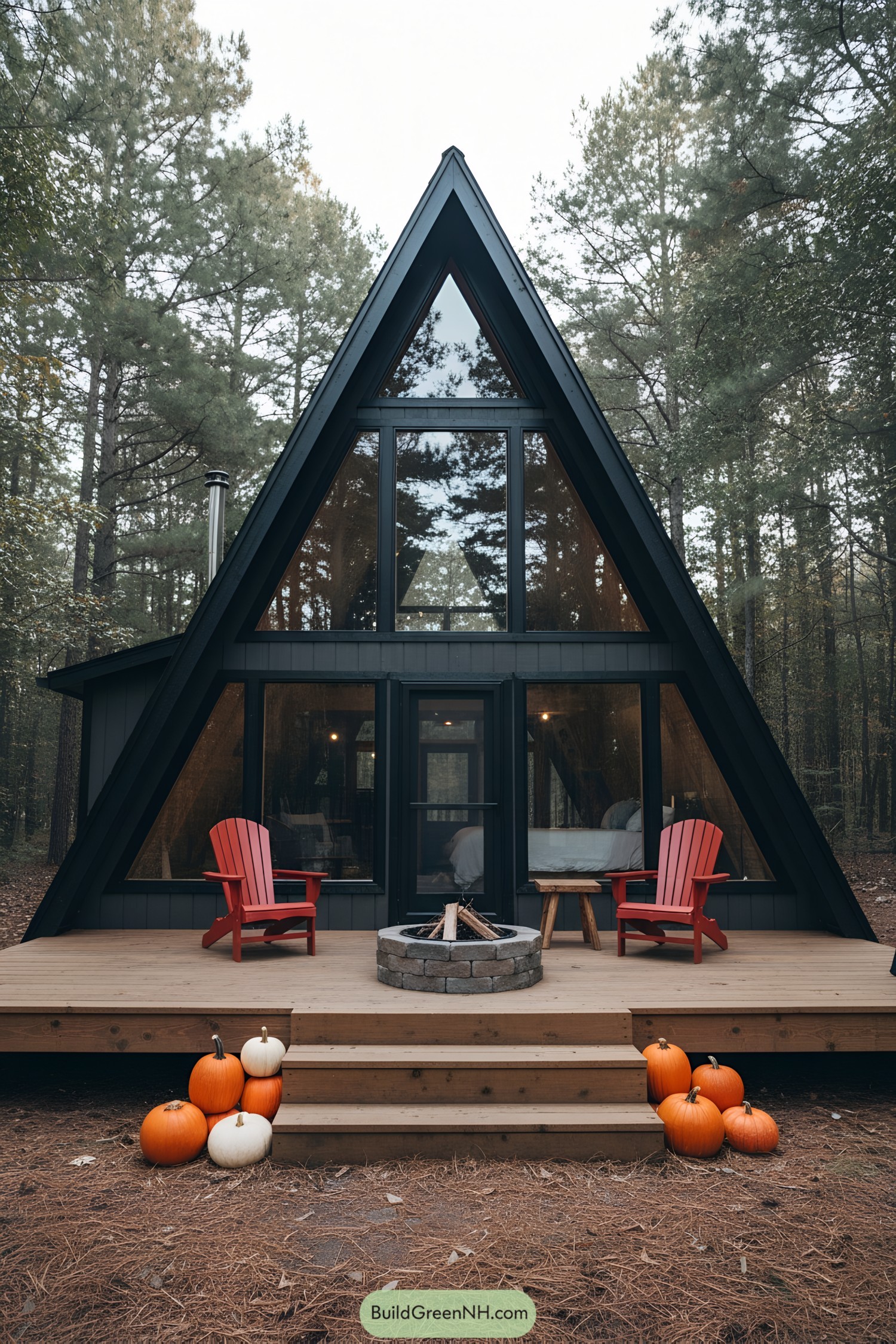 A-Frame cabin with high steps and pumpkins