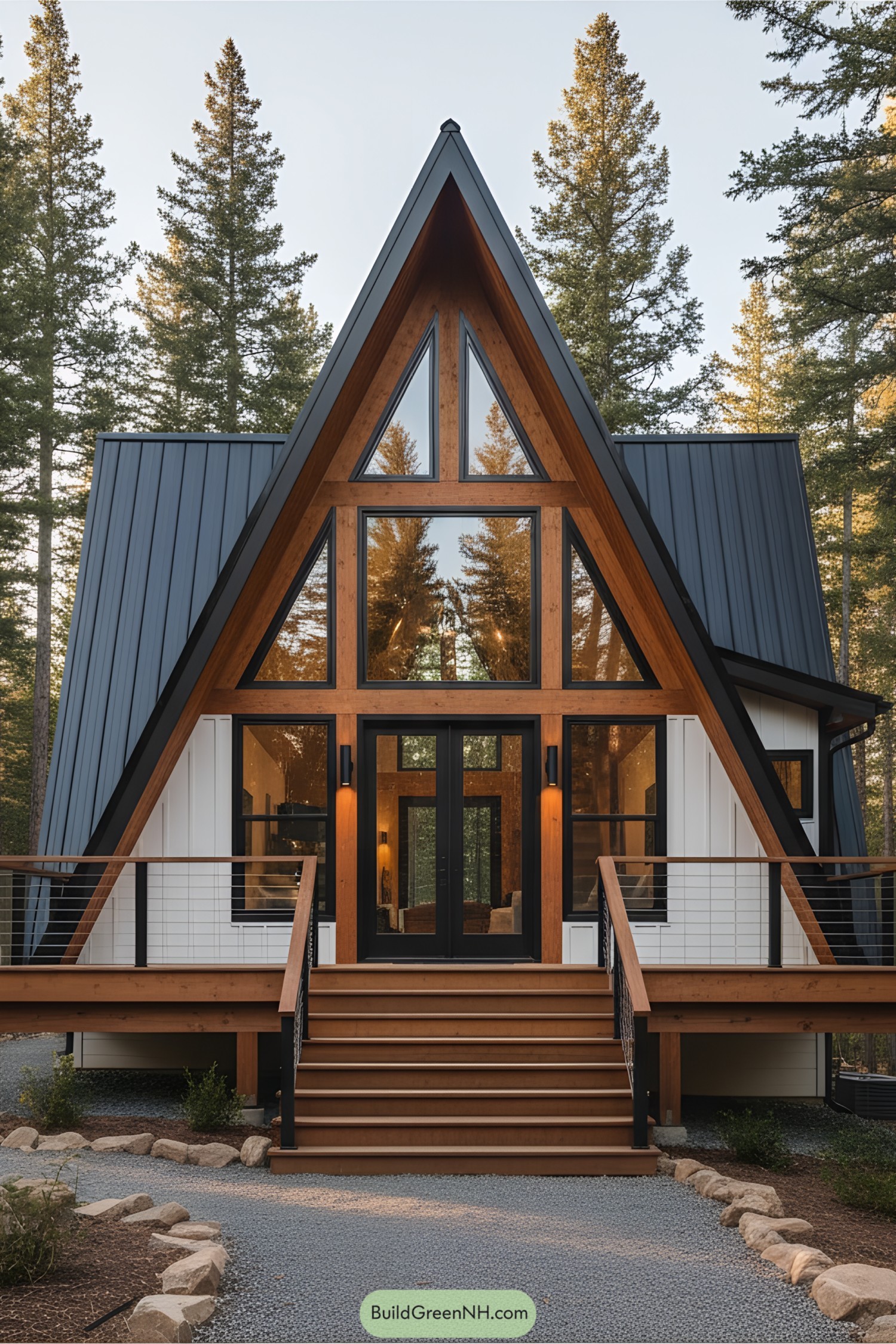 Cozy A-frame cabin with tall steps nestled among trees