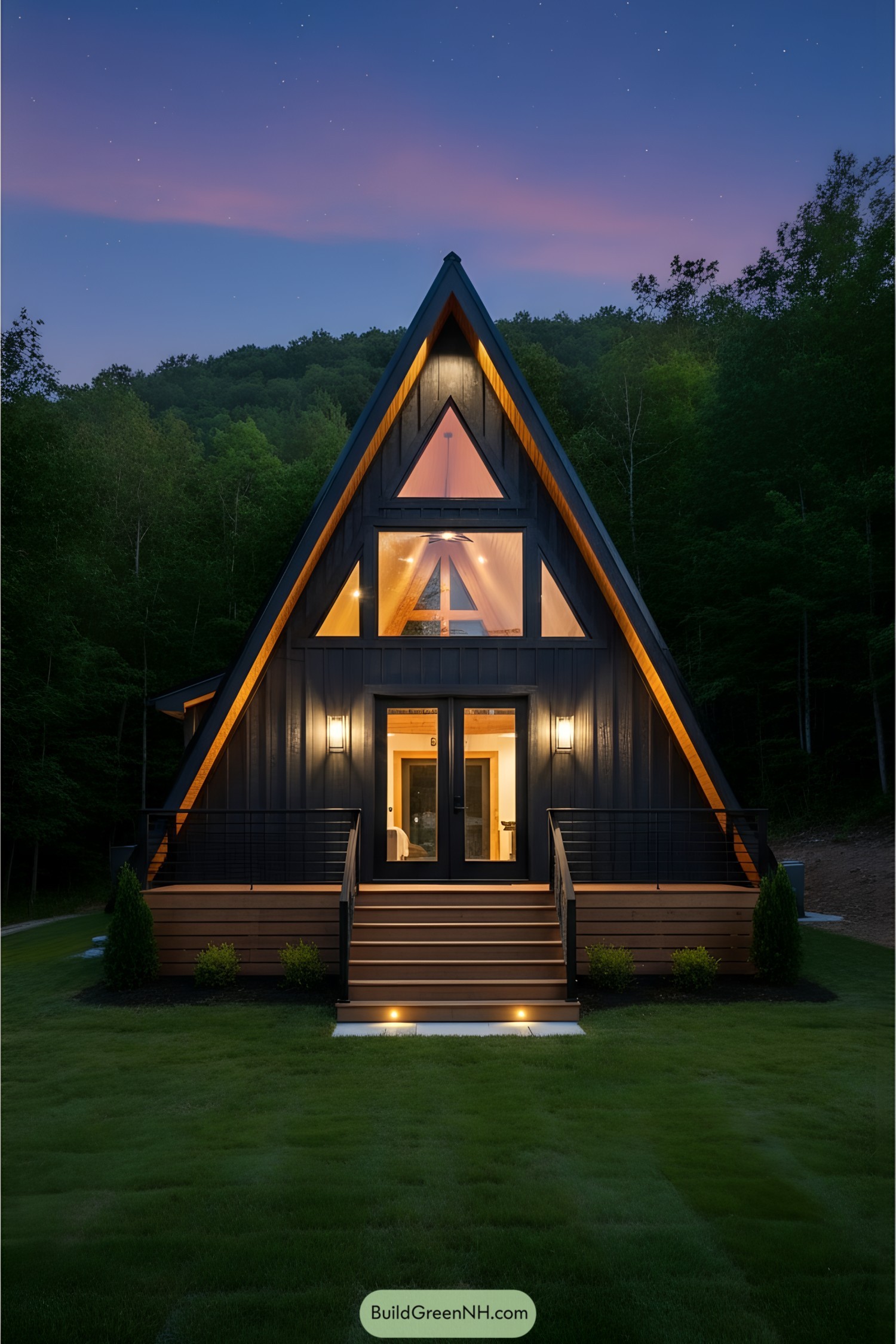 Cozy A-frame cabin with bright lights and tall stairs