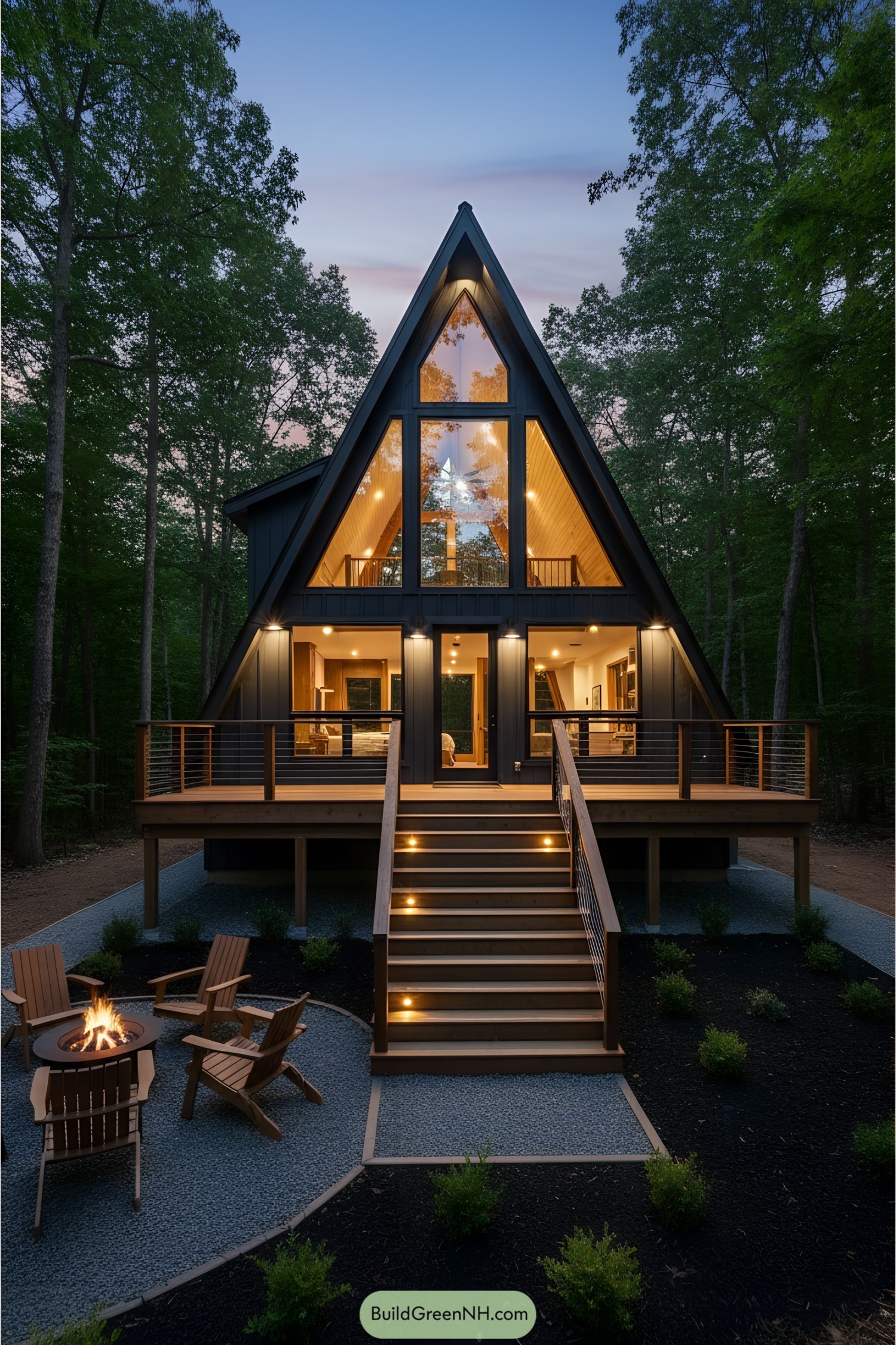 Cozy A-frame cabin with illuminated steps