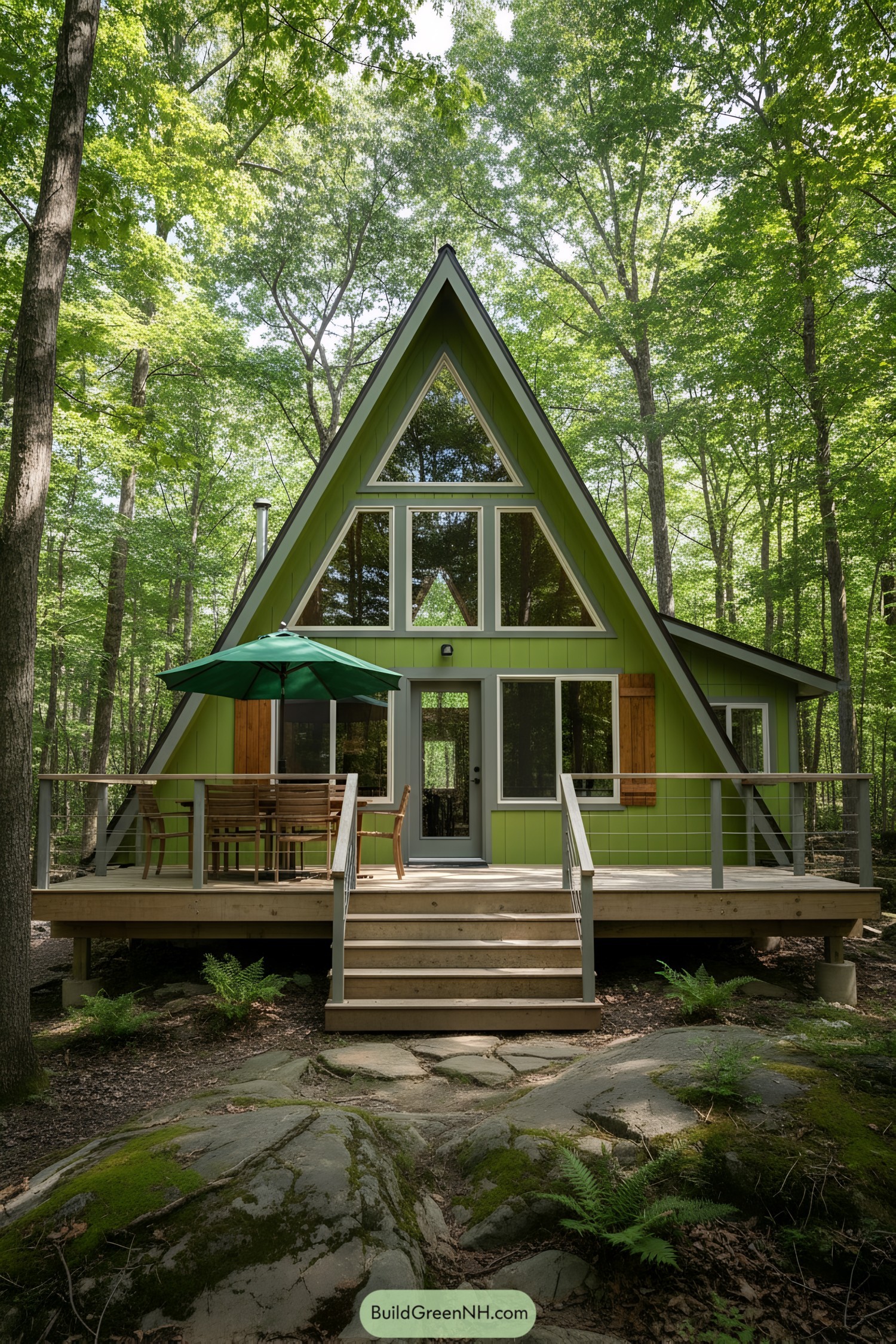 Cozy A-frame cabin with a deck surrounded by lush trees