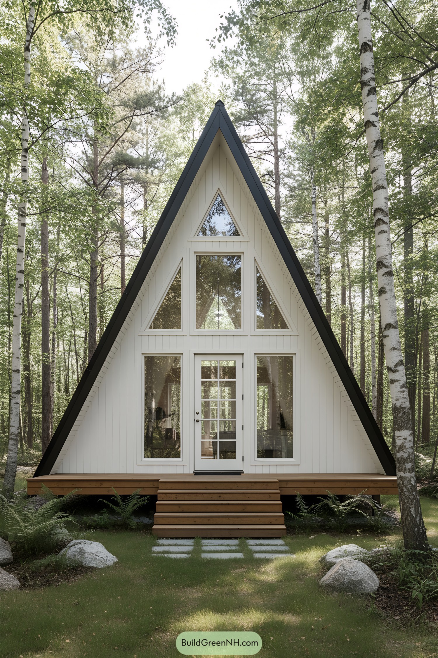 Charming A-frame cabin with high steps among trees