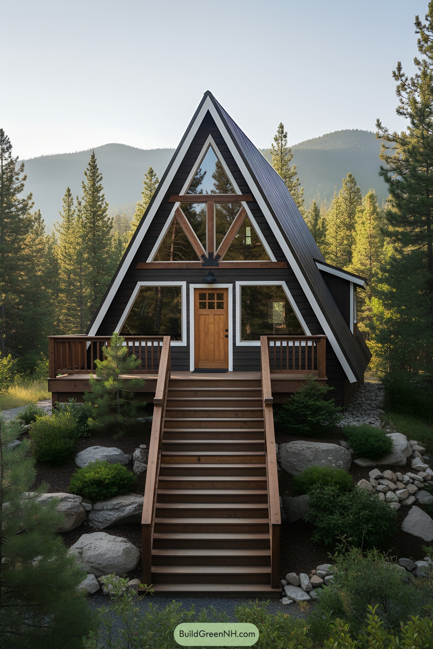 A-frame cabin with steep wooden stairs leading to the entrance