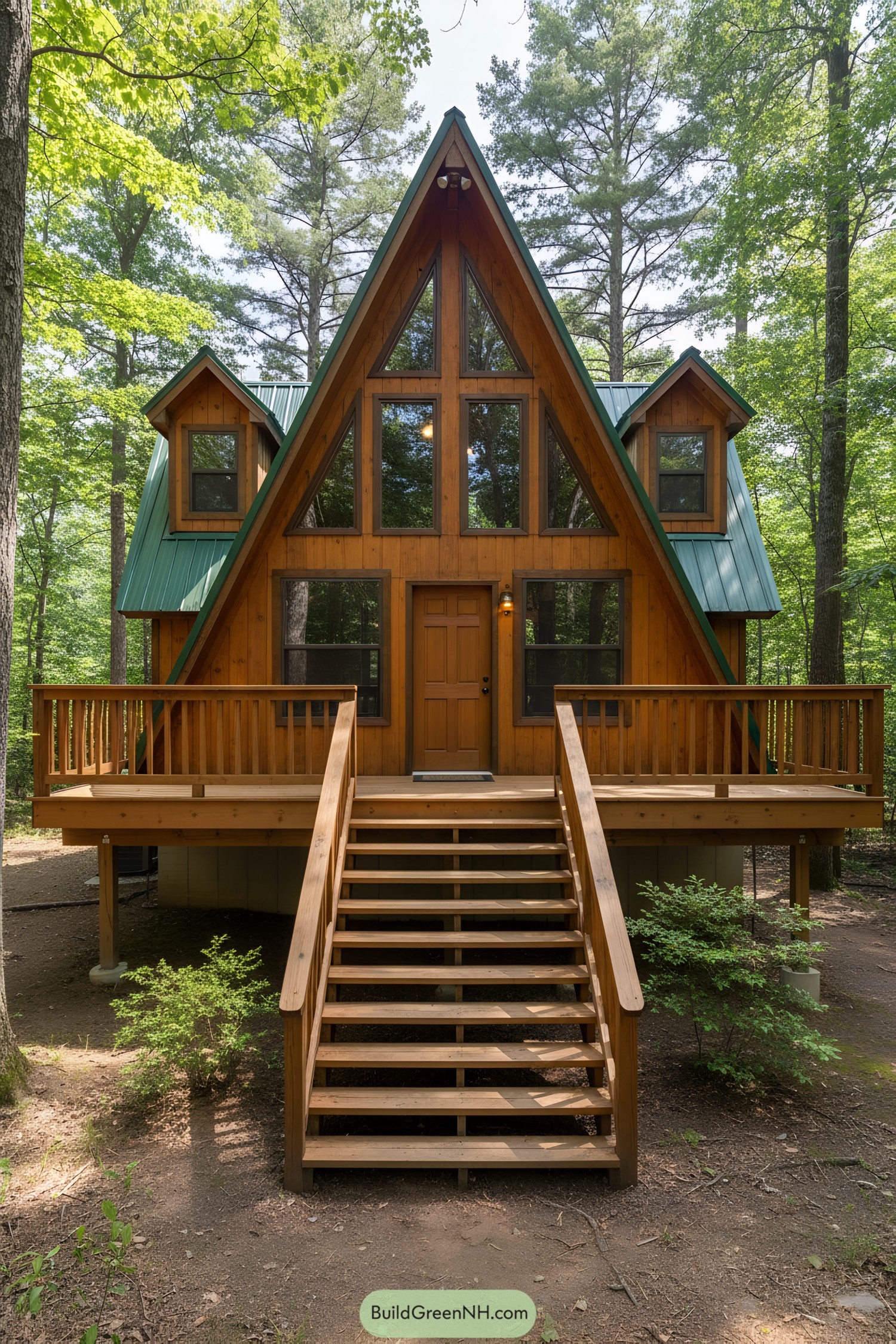 Charming A-frame cabin with tall stairs in a forest setting