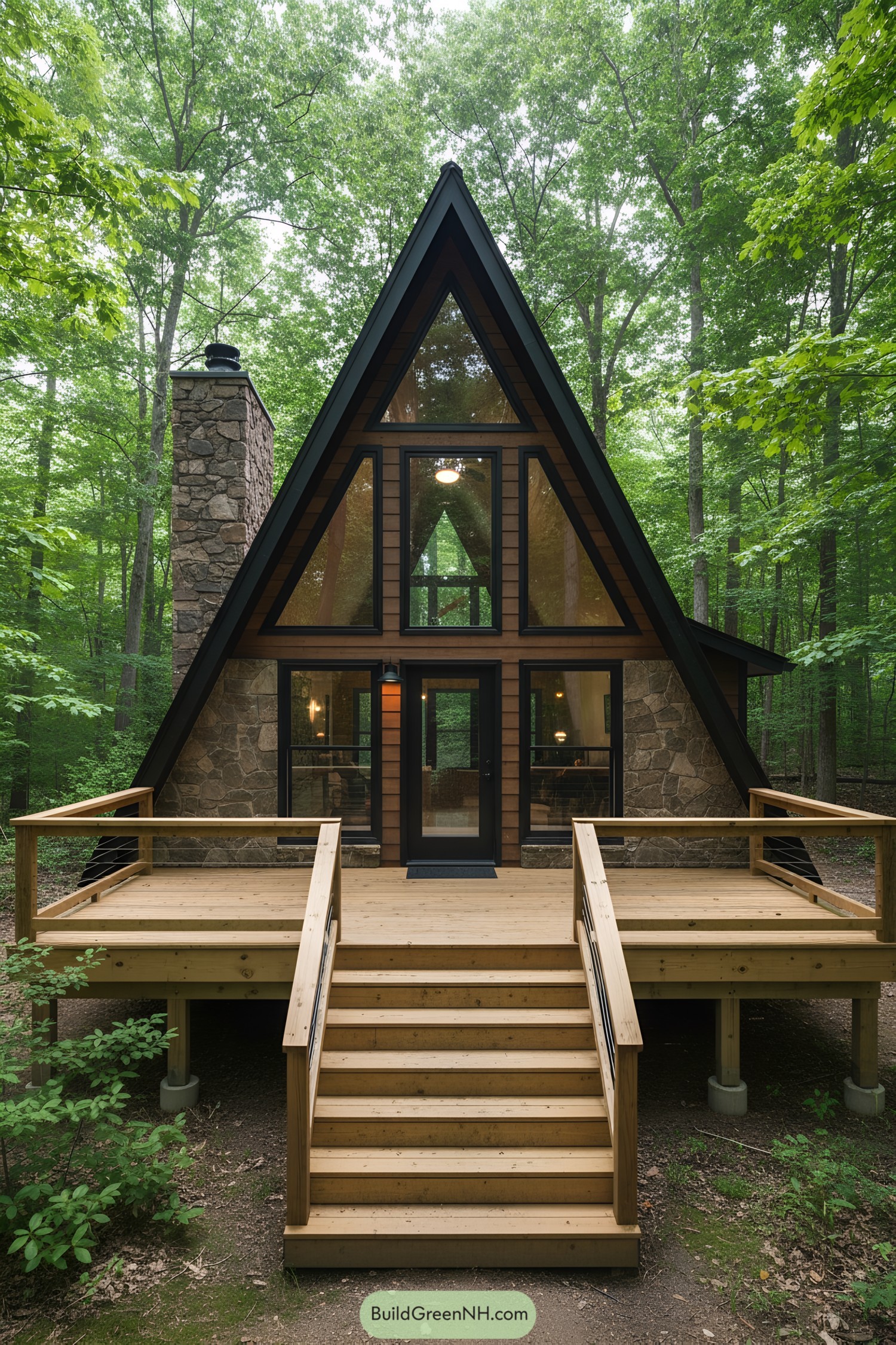 A-frame cabin with tall stairs in a lush forest